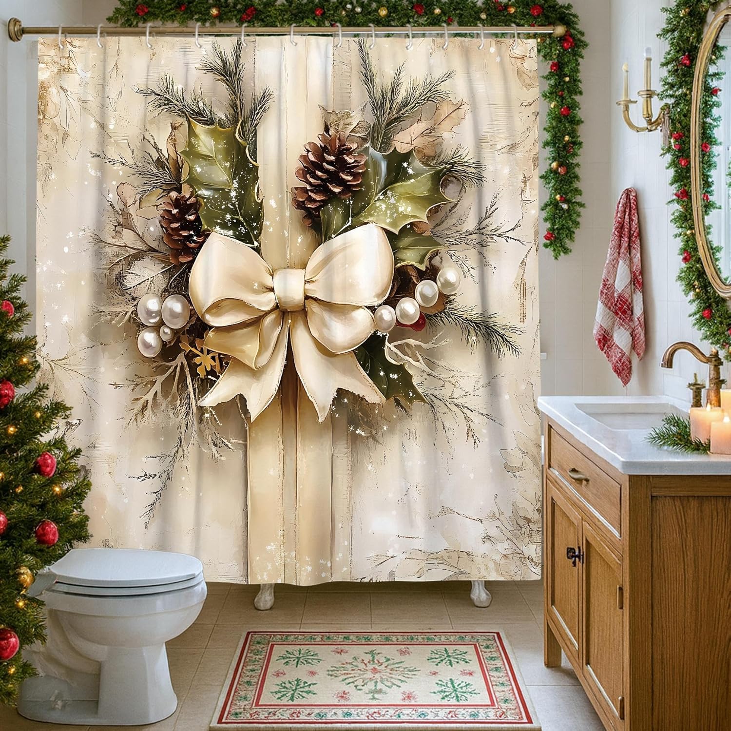 Christmas Shower Curtain, Elegant Gold Bow Pinecones Holiday Decor, Festive Winter Bathroom Set with Hooks, Rustic Farmhouse Waterproof Fabric Shower Curtain 72x84 Inch
