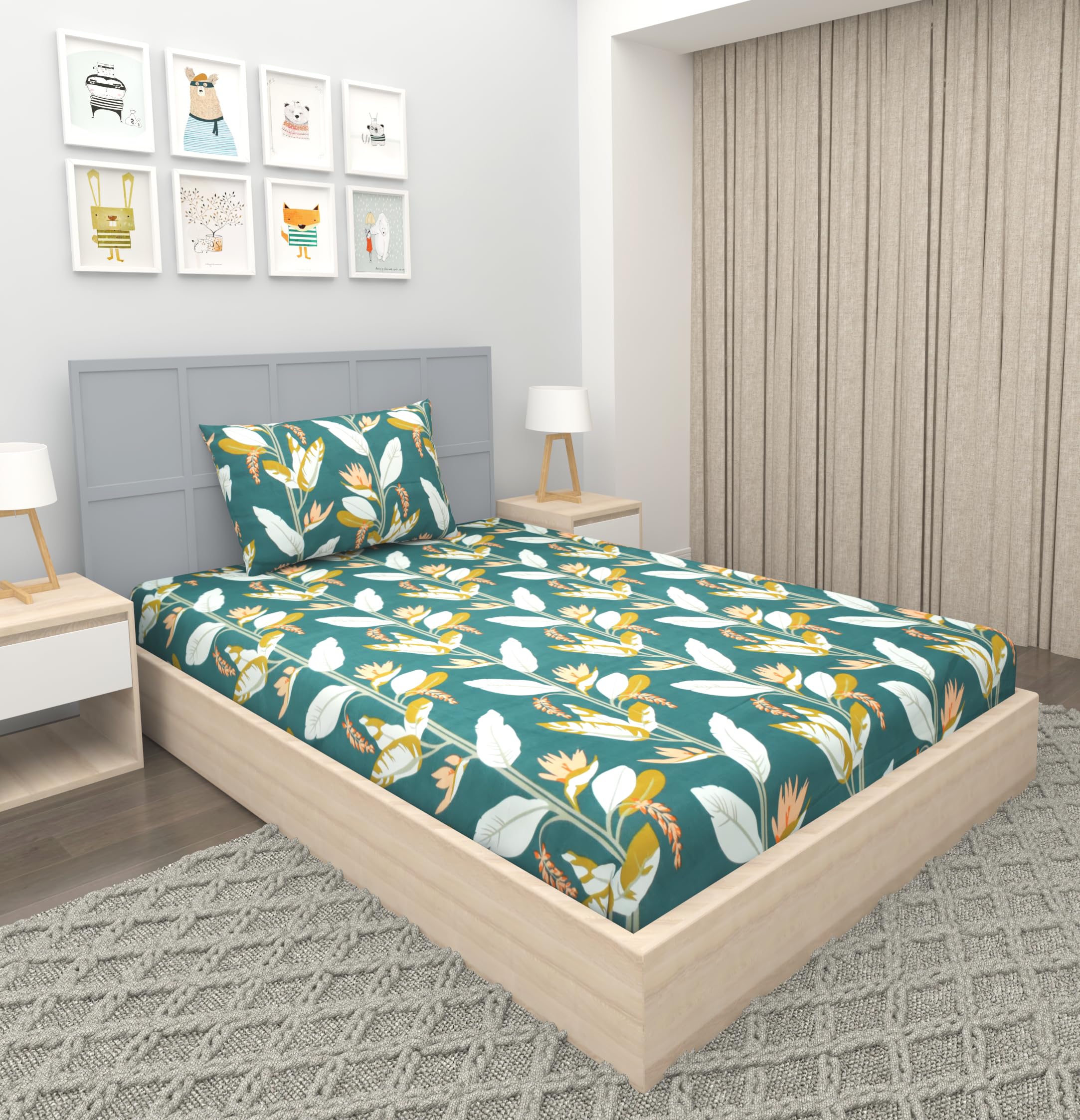 VOMZER 300 TC Elastic Fitted Bedsheets Single Bed With 1 Pillow Cover|Single Bed With All Around Elastic, Size 36 X 72 X 10 Inches (Green White Leaf), Smallsingle