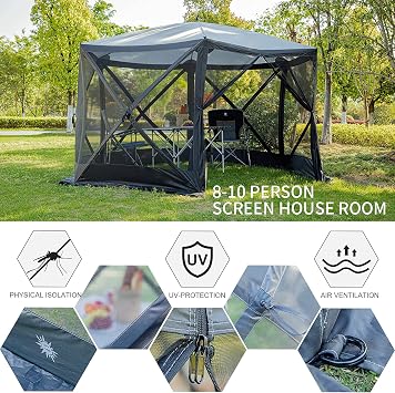 EVER ADVANCED Pop Up Gazebo Screen House Tent for Camping 11.5 ft for 8-10 Person Instant Canopy Shelter with Netting Portable for Outdoor, Backyard