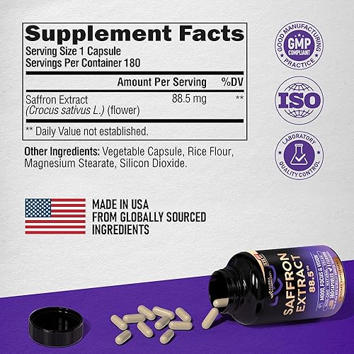 Miniatura 6 de Suplementos naturales de azafrán  Extracto de azafrán puro 88.5 mg  Hecho en Estados Unidos  Estado de ánimo  Enfoque  Visión  Apoyo energético