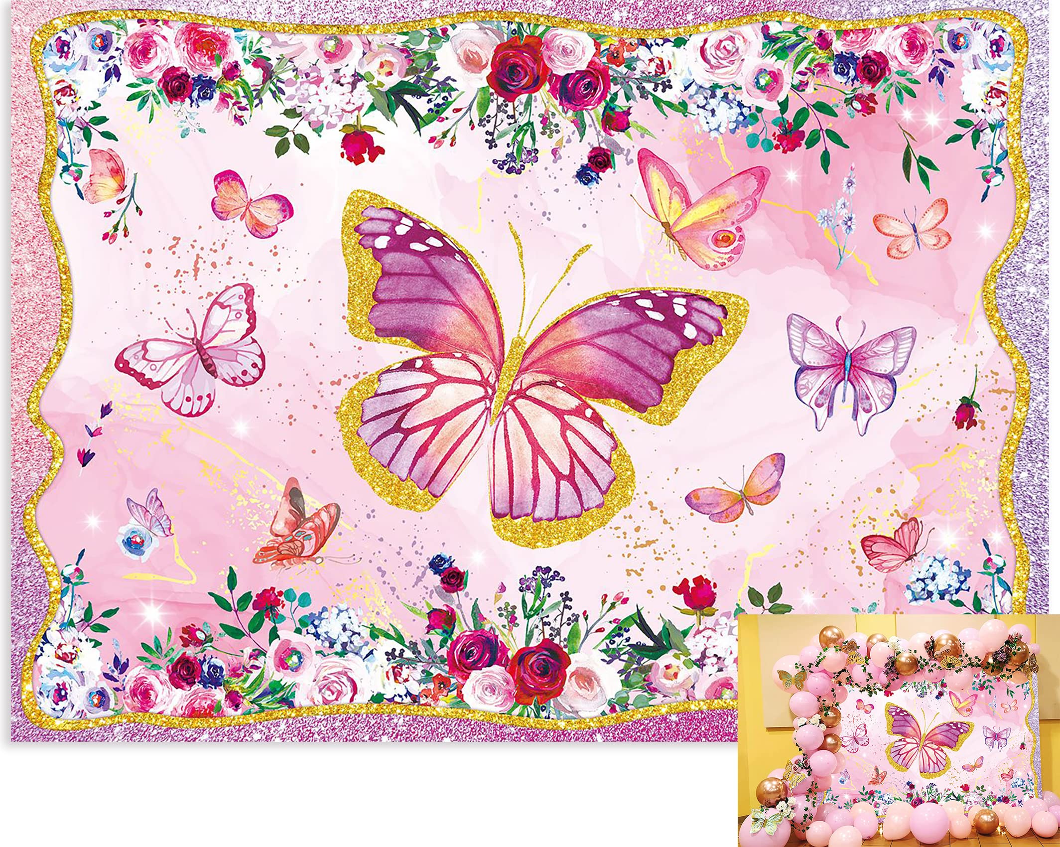 Amazon | BINQOO ピンクの蝶 カラフルな花の背景 ゴールド 蝶 水彩画