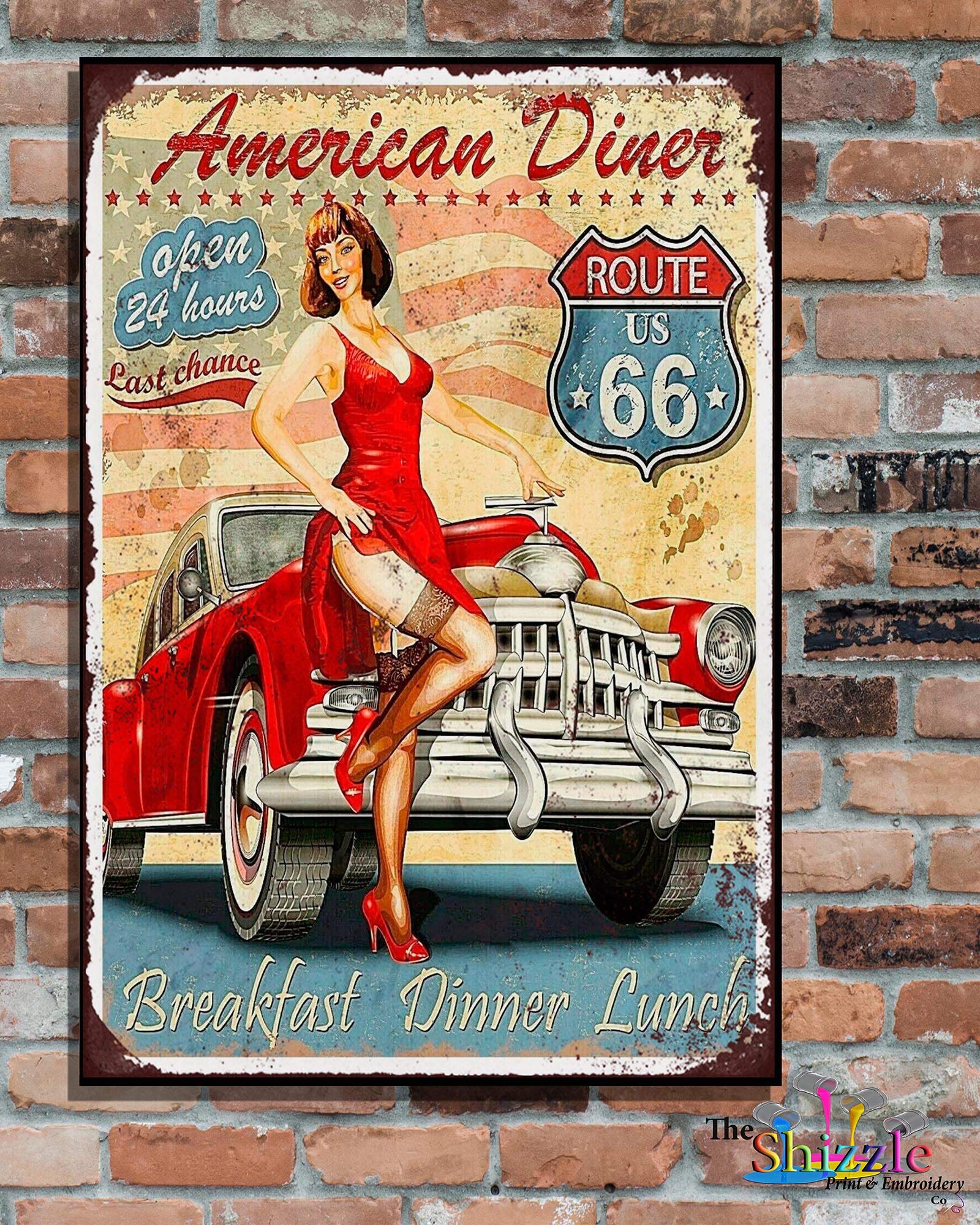 The Shizzle Print Co Red Saucy Stocking Lady American Diner Advertising Vintage Retro Aluminium Sign (16" X 12")