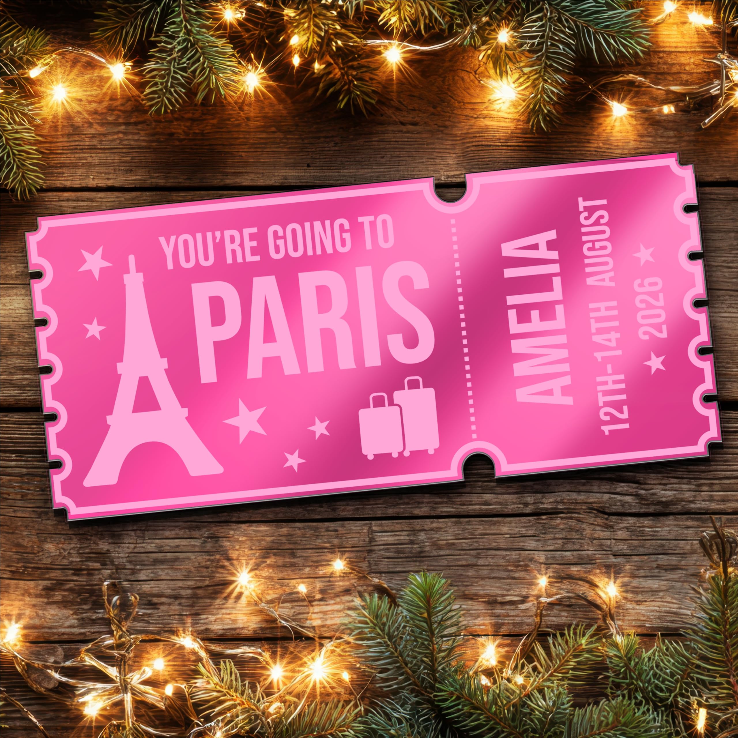 Pink Mirror Acrylic Ticket Paris Trip Holiday Personalised Any Text Voucher | Custom Surprise Reveal Voucher Ticket | Announcement Greeting Card | Note Card