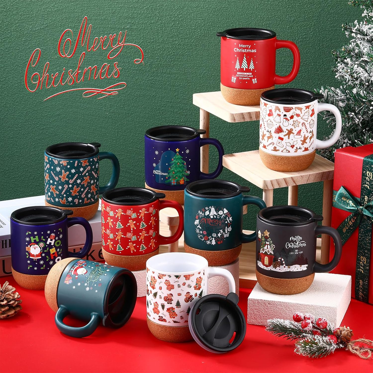 Vesici 10 Set 12 oz Christmas Ceramic Coffee Mugs with Cork Bottom Spill Proof Lid Handle Santa Gingerbread Man Aesthetic Neutral Cups for Christmas Gifts Vintage Decor - Image 3