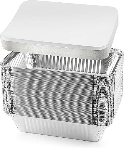 NYHI Sartenes de aluminio desechables de 8.4 x 5.9 pulgadas con tapas, recipientes de papel de aluminio para cocinar, hornear, preparación de
