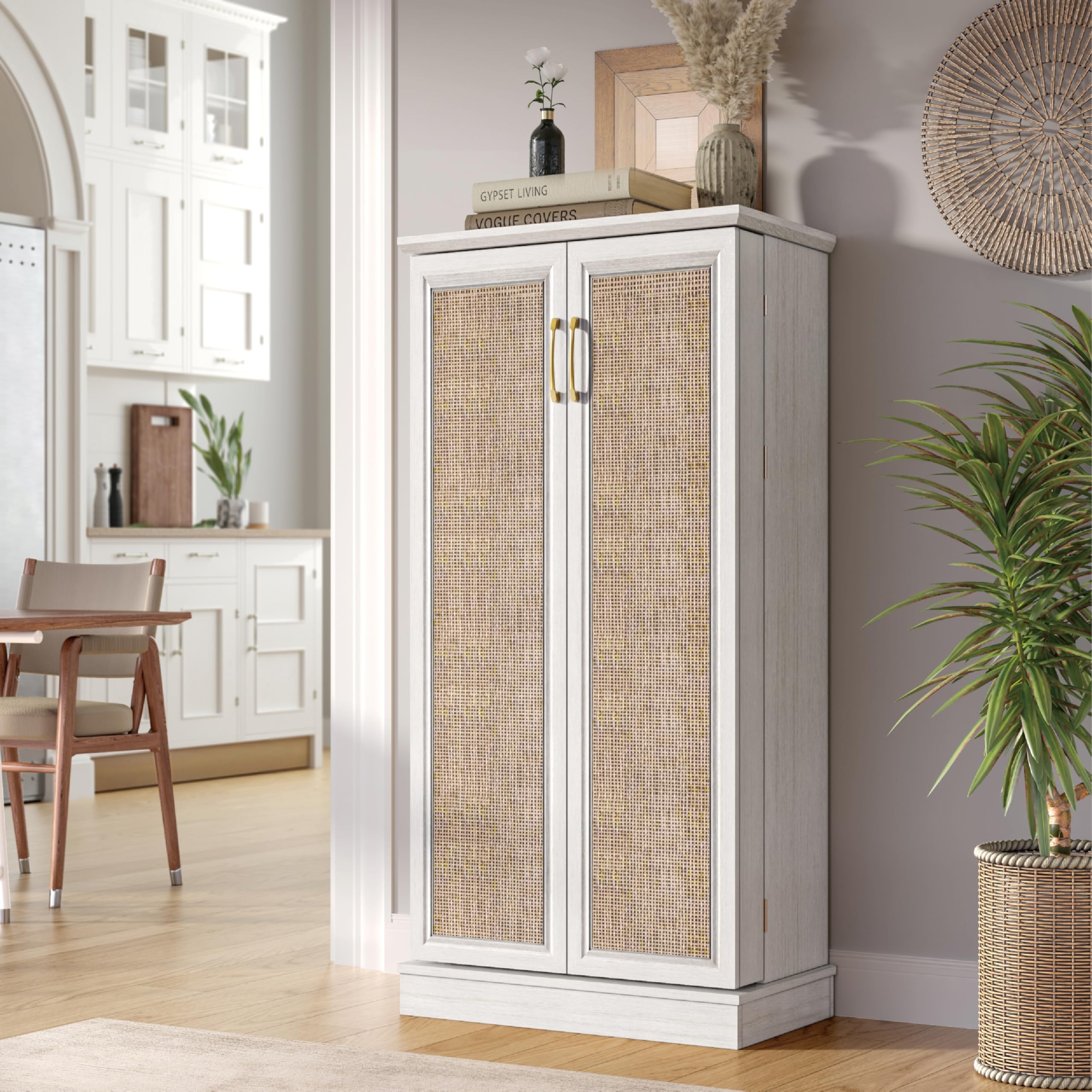 50" Kitchen Pantry Cabinets - Led Food Storage Cabinets Cupboards with Paper Rattan Doors with Shelves Adjustable for Small Space in Dinning, or Living Room