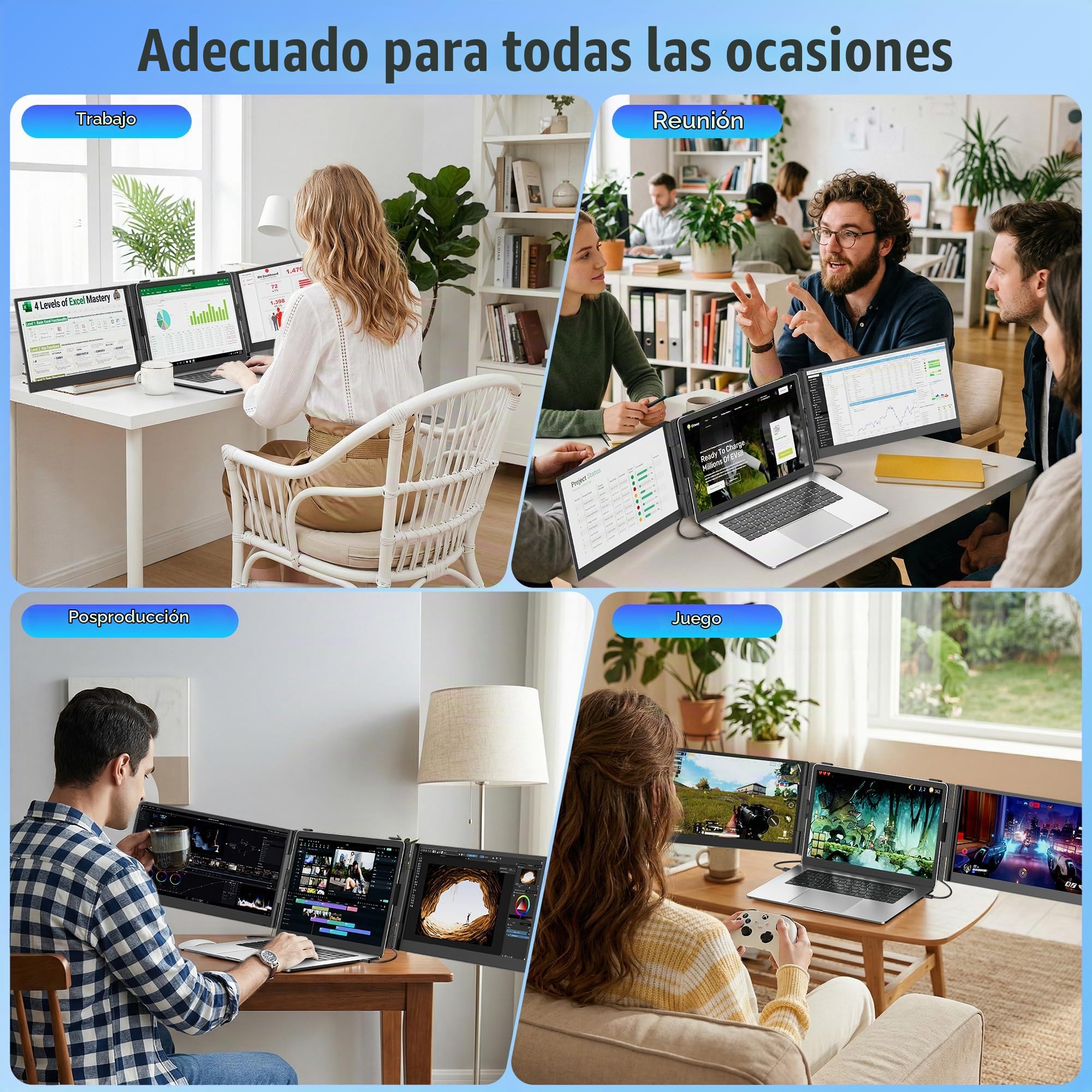 KEFEYA Extensor De Pantalla para Portátil de 14", 100% sRGB FHD 1080P IPS Triple Pantalla para Portatil, Monitor Portátil Pantalla de 13 a 17,3», Plug & Play para Windows/Mac/Android/Switch/PS5