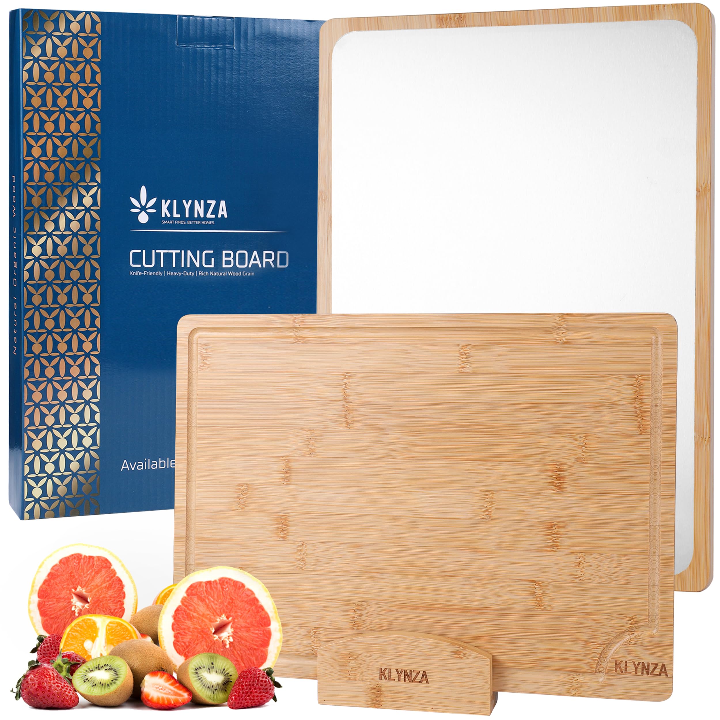 Photo 1 of **BENT**KLYNZA Double-Sided Titanium Cutting Board with Display Stand | Bamboo & Acacia Wood Options | Reversible Titanium Surface | Food Grade & Durable | 16"x12"x0.6" (Bamboo)