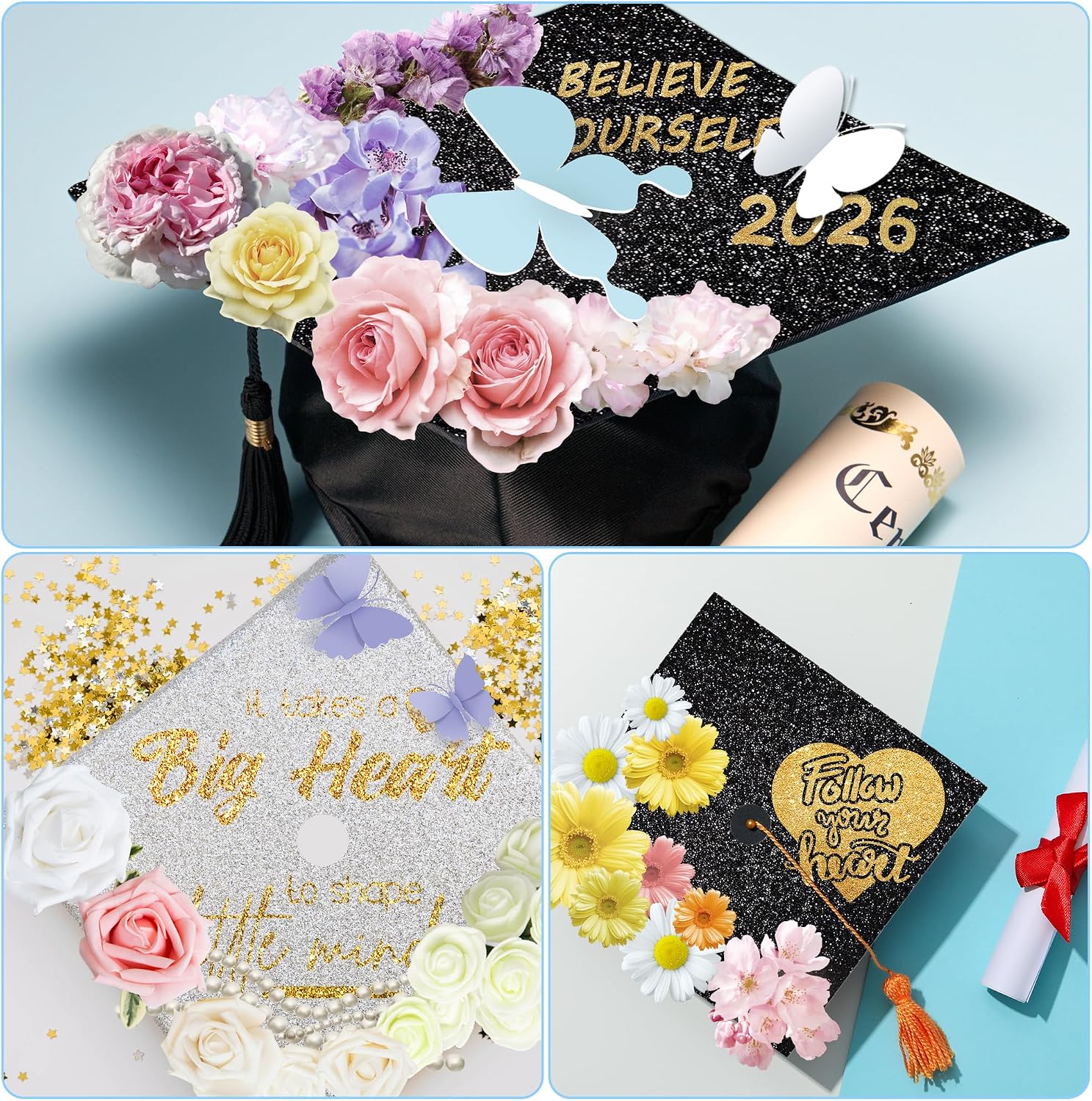 LUFEEMGA Graduation Cap Decorations, 6Pcs Glitter Cardstock Grad Cap Decor，DIY Construction Paper Topper & Alphabet Adhesive Stickers Kit for Graduation Ceremony & Photos/Gifts（White）