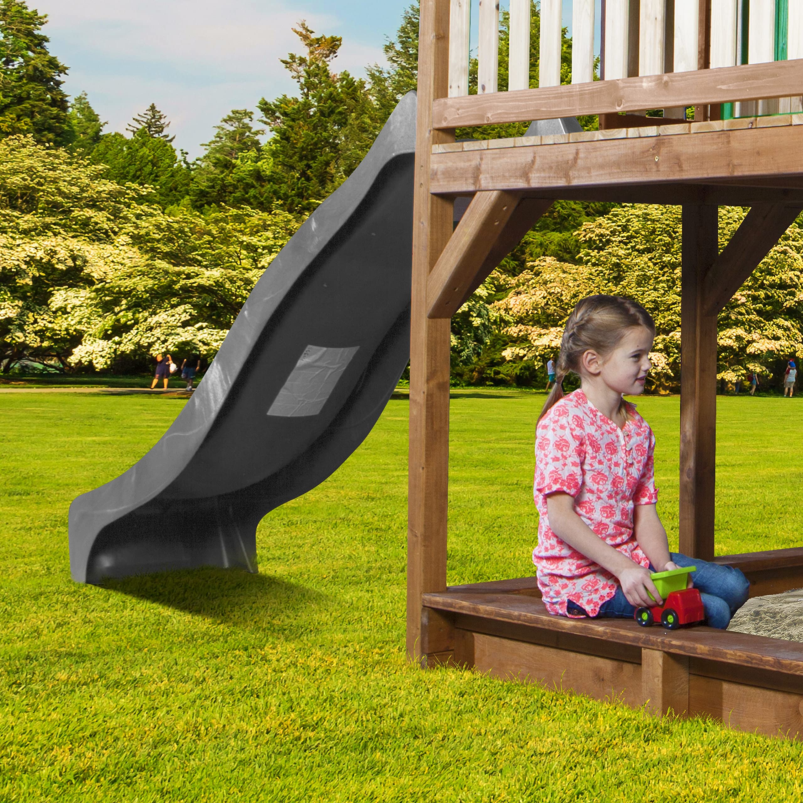 AXI Spielhaus Liam mit Sandkasten, Doppelschaukel & Grauer Rutsche | Stelzenhaus XXL in Braun & Grün aus FSC Holz für Kinder | Spielturm mit Wellenrutsche für den Garten
