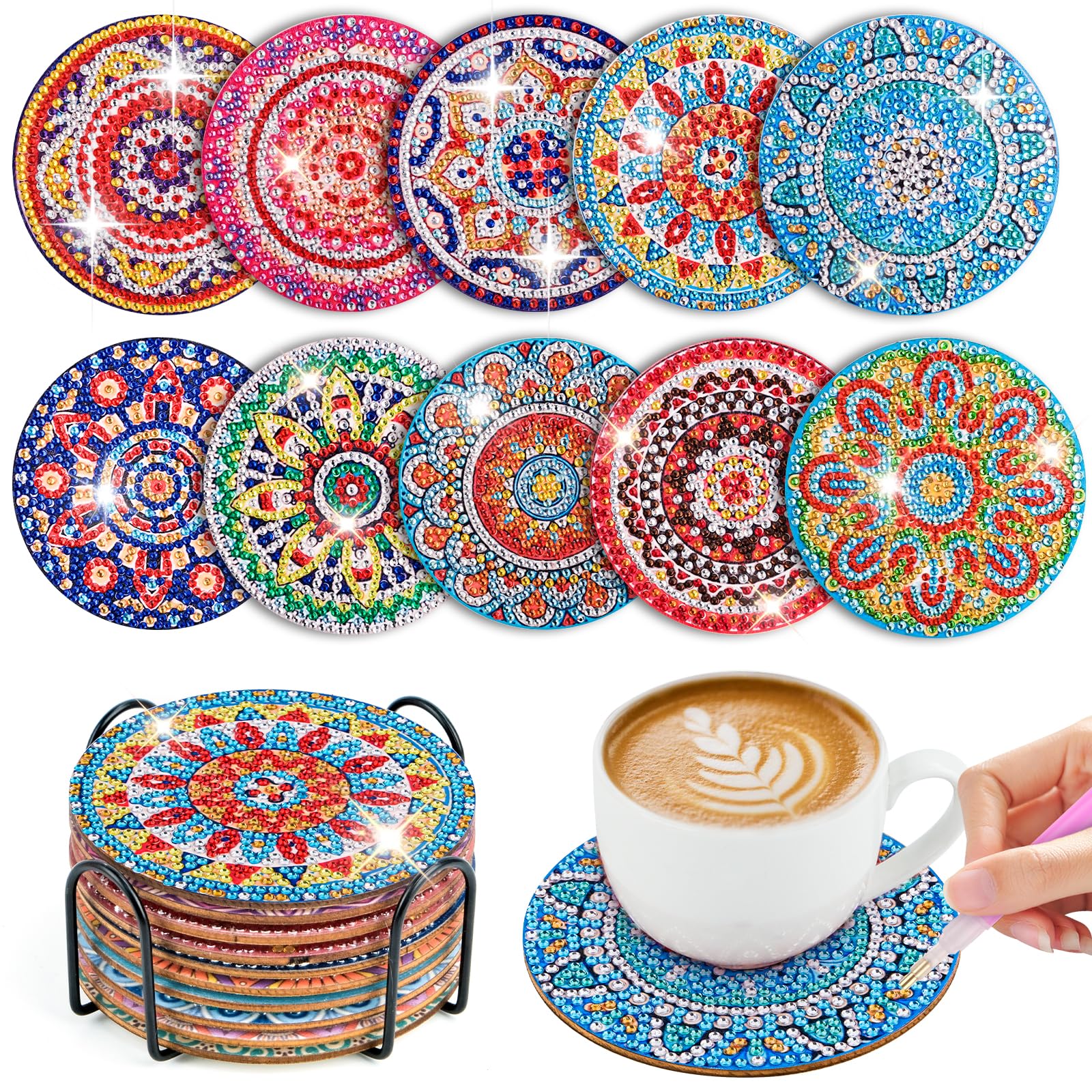 10 STK Diamond Painting Untersetzer Mit Halter, Diamant Tassenuntersetzer, Diamond Painting Erwachsene zum Basteln, DIY 5D Mandala Untersetzer rutschfest für Anfänger, Erwachsene & Kinder