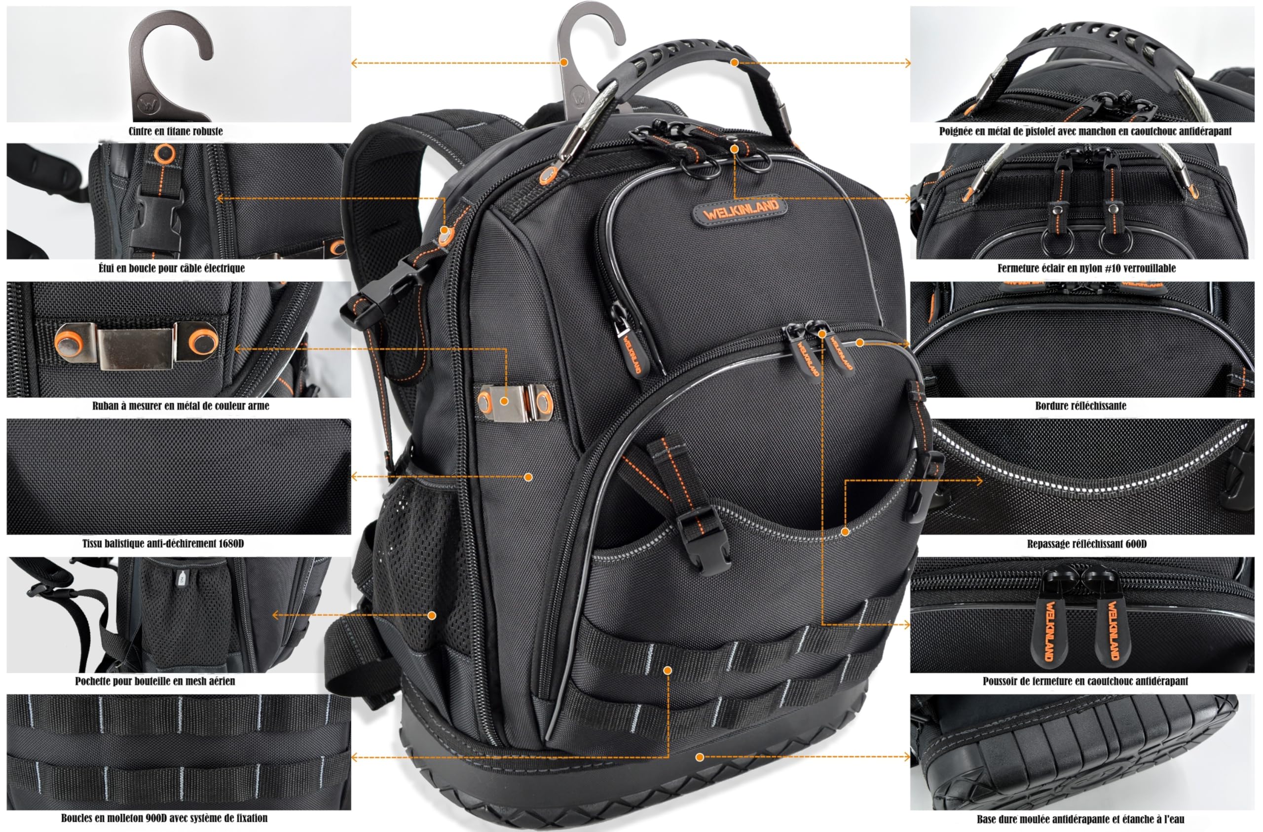 WELKINLAND sac à dos d'électricien avec 77 poches, pour hommes et outils de climatisation et construction