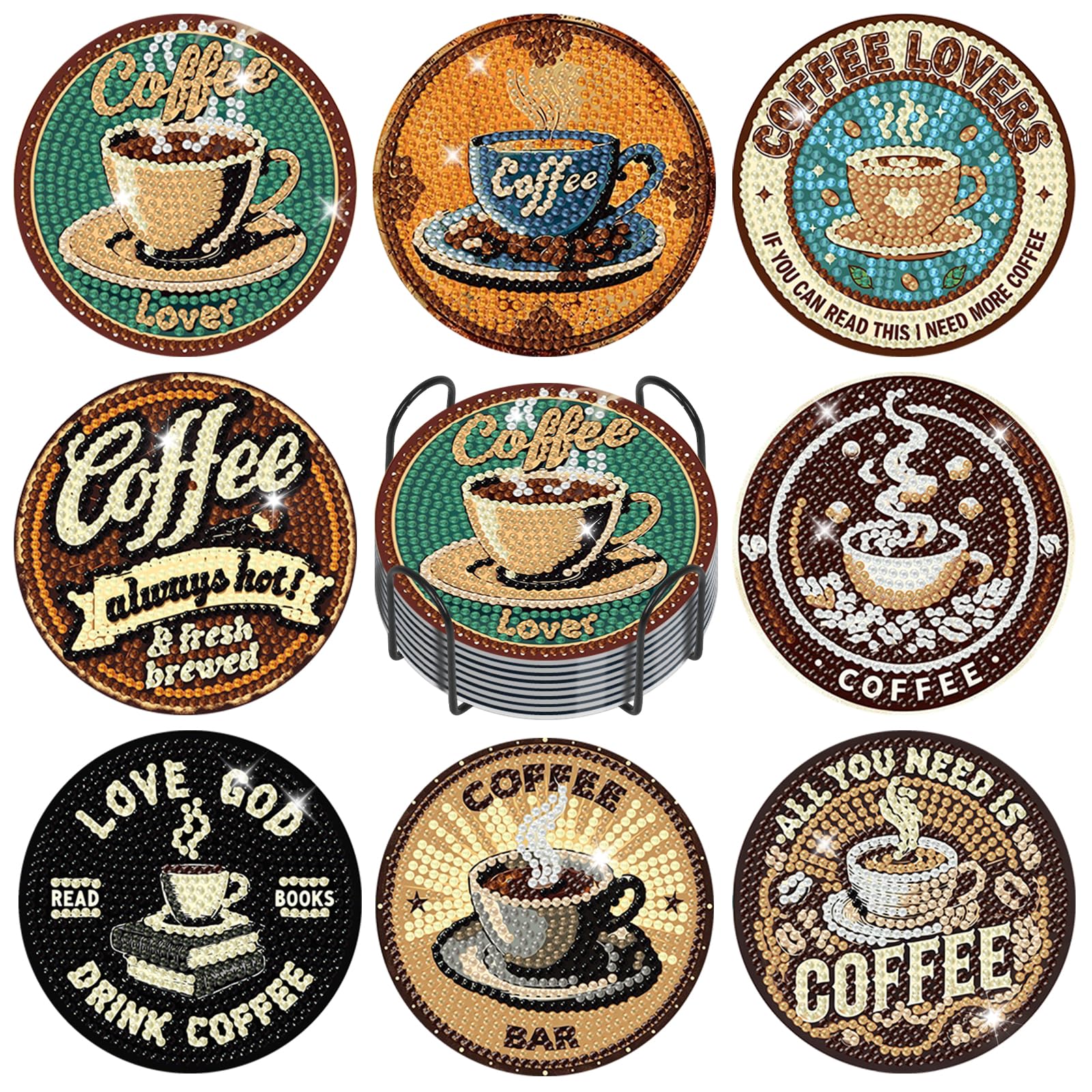 GEEHEIY Coffee Lover Diamond Art Coasters Kit for Adults, 8PCS DIY Coffee Diamond Painting Coasters with Holder, Perfect for Vintage Cafe Decor, Cosy Kitchen Gifts