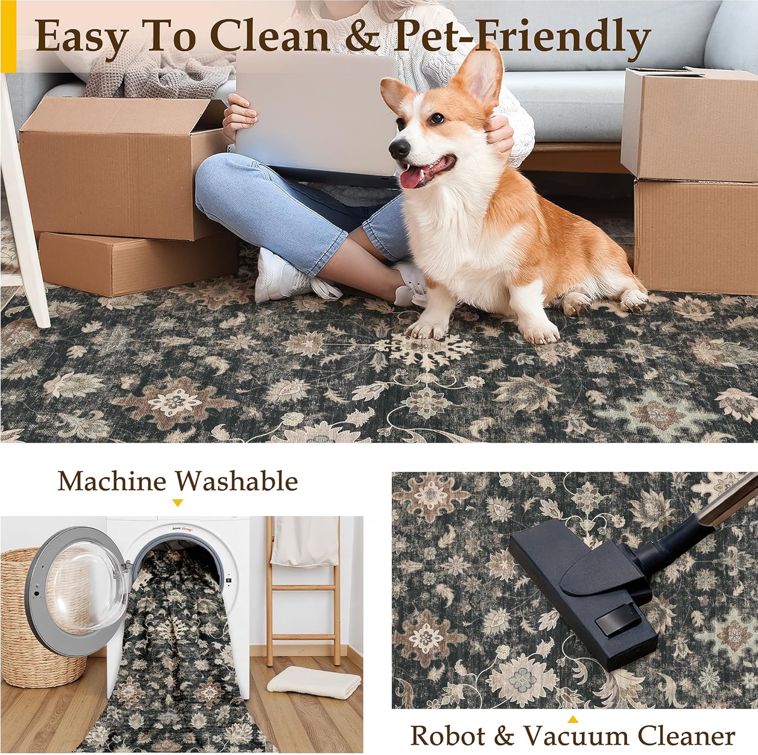 HUGEAR Area Rug 6x9 Vintage Black Machine Washable Living Room Rugs Distressed Retro Floral Vacuumable Low Pile Carpet Bedroom Office Dining Farmhouse Playroom Non Slip - Image 7