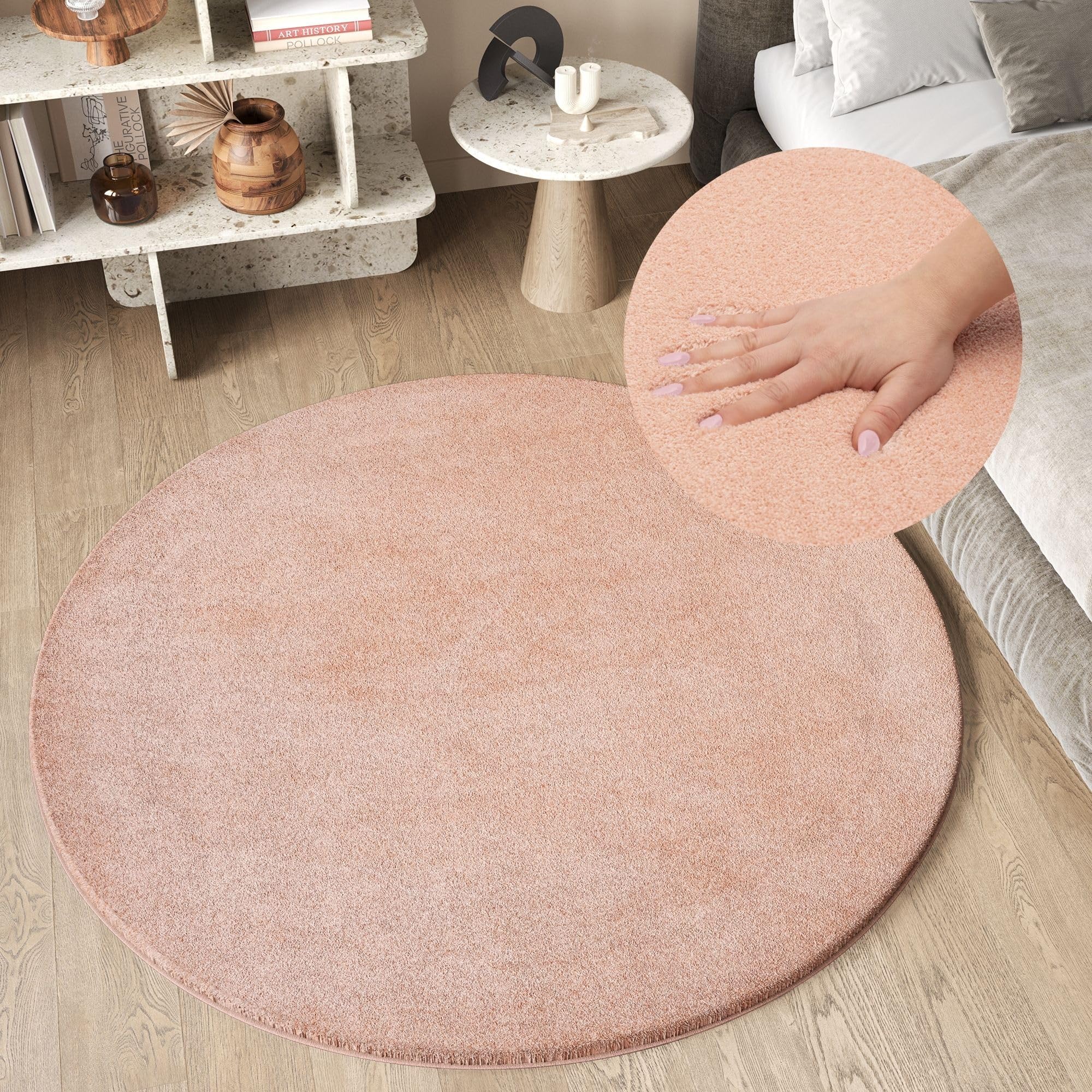 TAPISO Cuddle Rond Tapis Shaggy Antidérapant Lavable Moderne Rose Uni Tapis Salon Chambre Enfant Descente de Lit Poils Longs Moelleux Résistant Oeko-TEX 200 x 200 cm