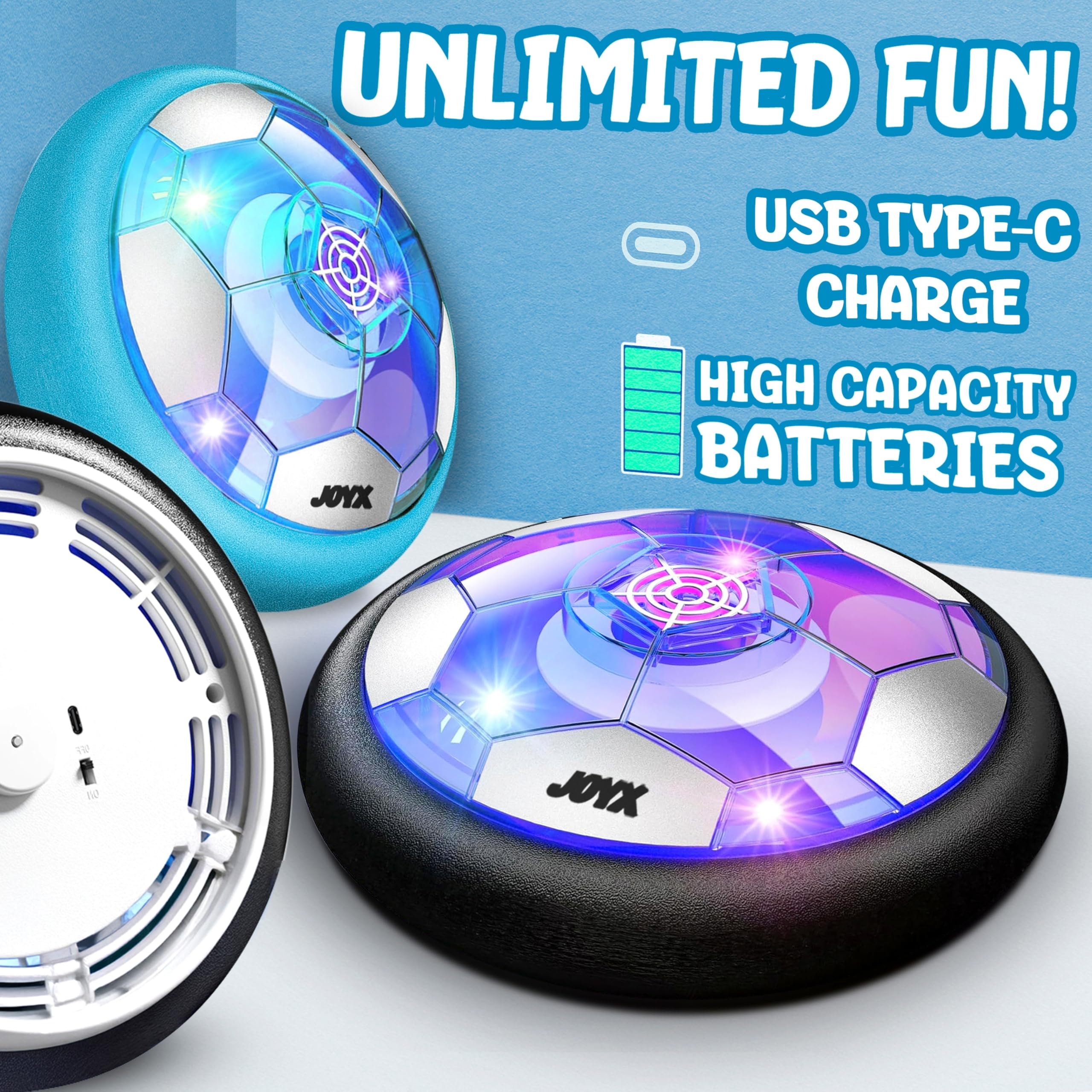 JoyX Rechargeable Hover Soccer Ball Set for Kids (2 Pack) – Indoor Floating Soccer Toys with LED Lights & Foam Bumpers – Gift for Boys & Girls Age 3-10, Toddler Soccer Game for Home or Party