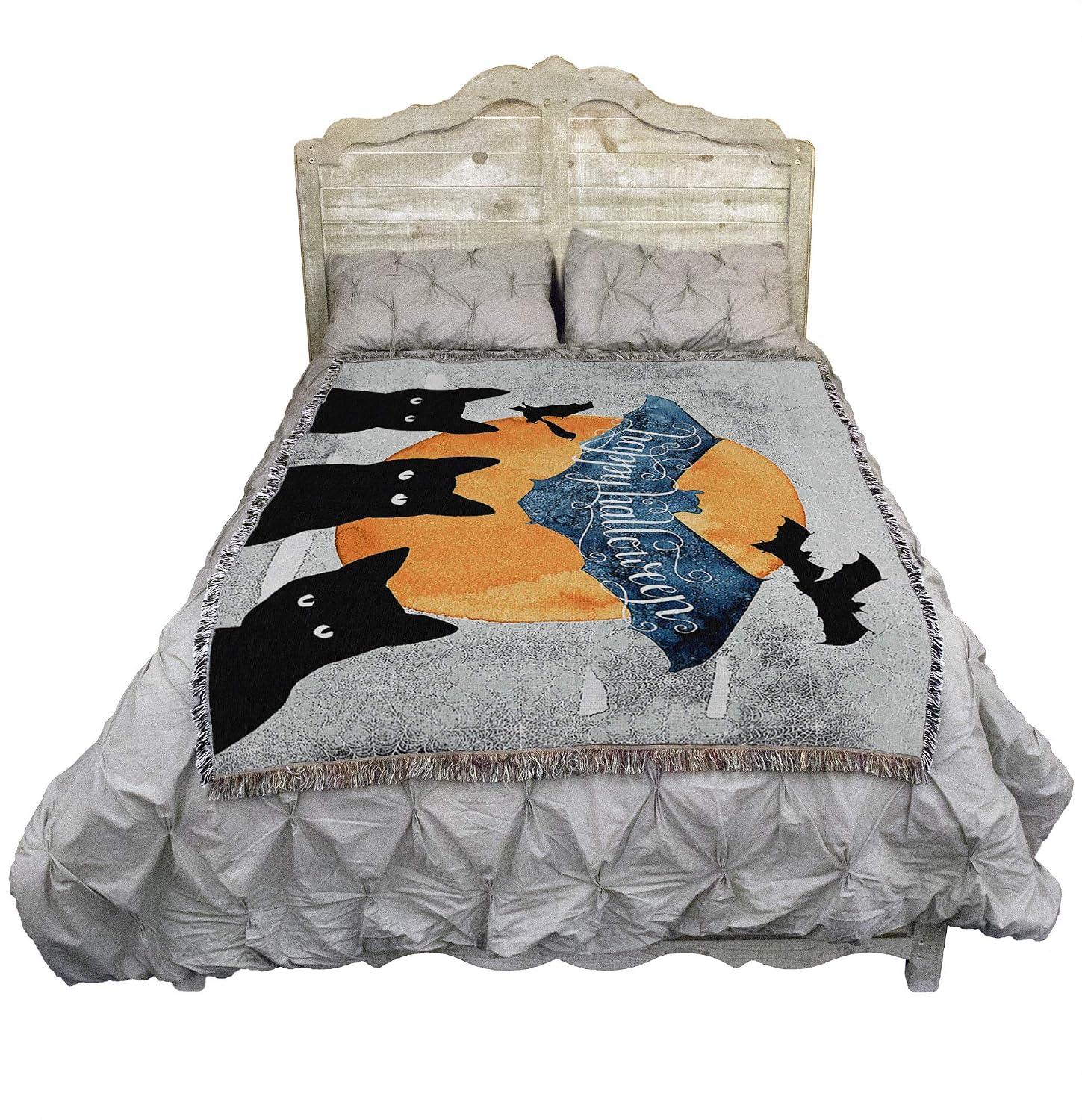 Pure Country Weavers 3 Black Cats Blanket by Grace Popp - Bats Moon Gift Fall Halloween Tapestry Throw Woven from Cotton - Made in the USA (72x54)