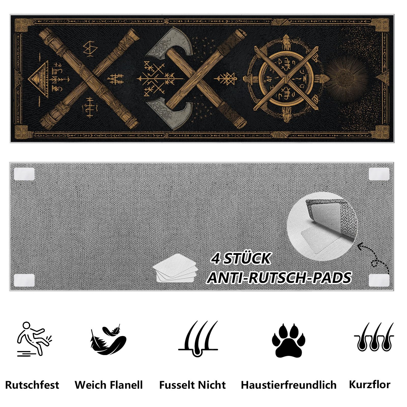 Wikinger Axt Teppich Läufer, Wikinger Totem Rune rutschfest Küchenteppich 60x210 cm, Mid Century Kurzflor Küchenläufer Waschbar, Faltbar, Teppichläufer Carpet für Küche, Wohnzimmer