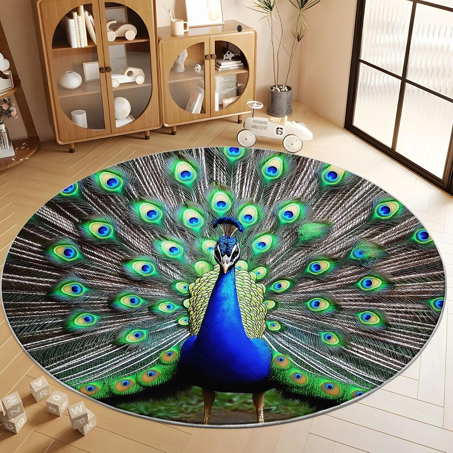 Round Rug Green 6ft Animal Peacock Washable Circle Rug Non Slip Low Pile Small Circular Rug for Bedroom, Bathroom, Entryway, Kids Room, Office, Dorm