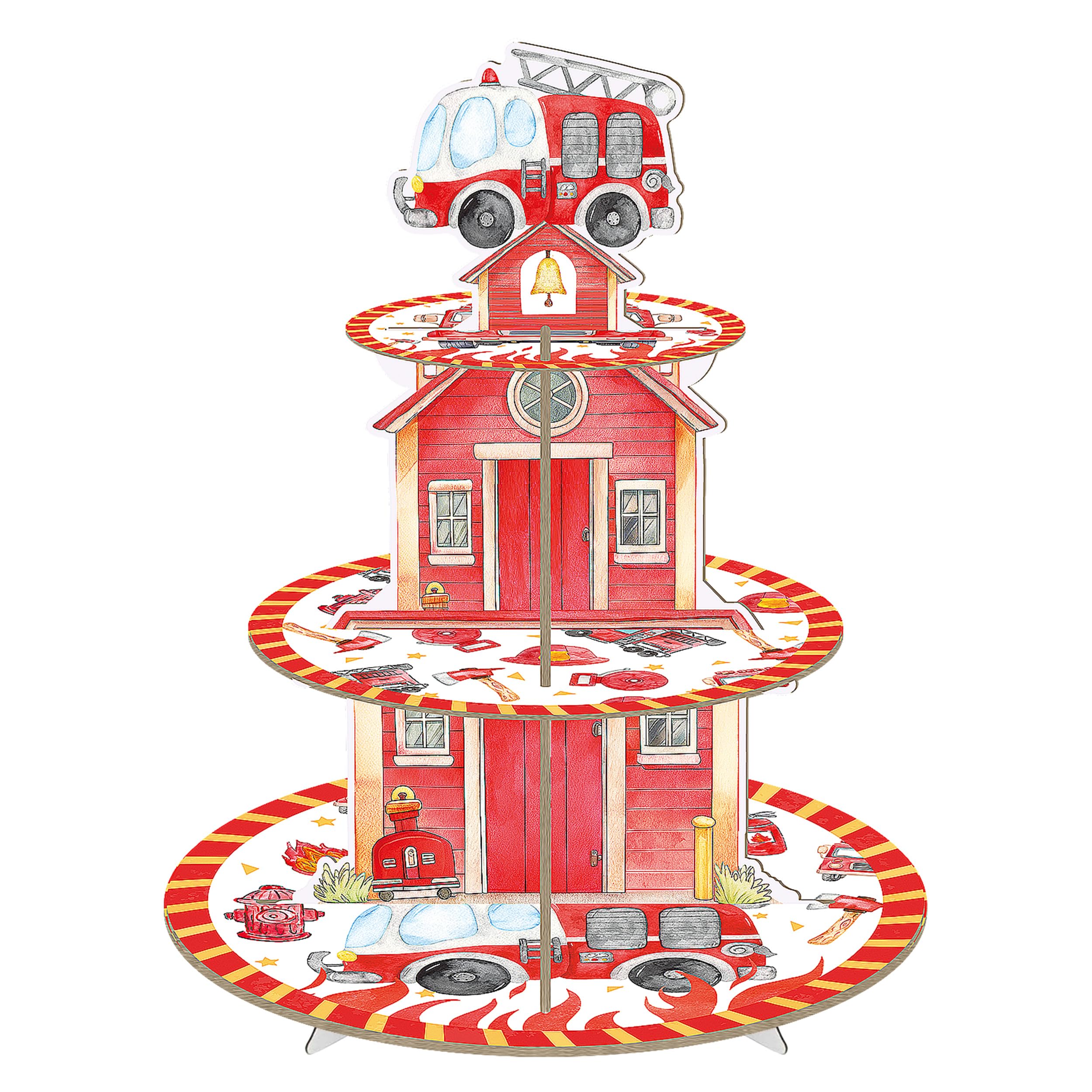 Présentoir à cupcakes caserne de pompiers pour buffet de fête prénatale garçon