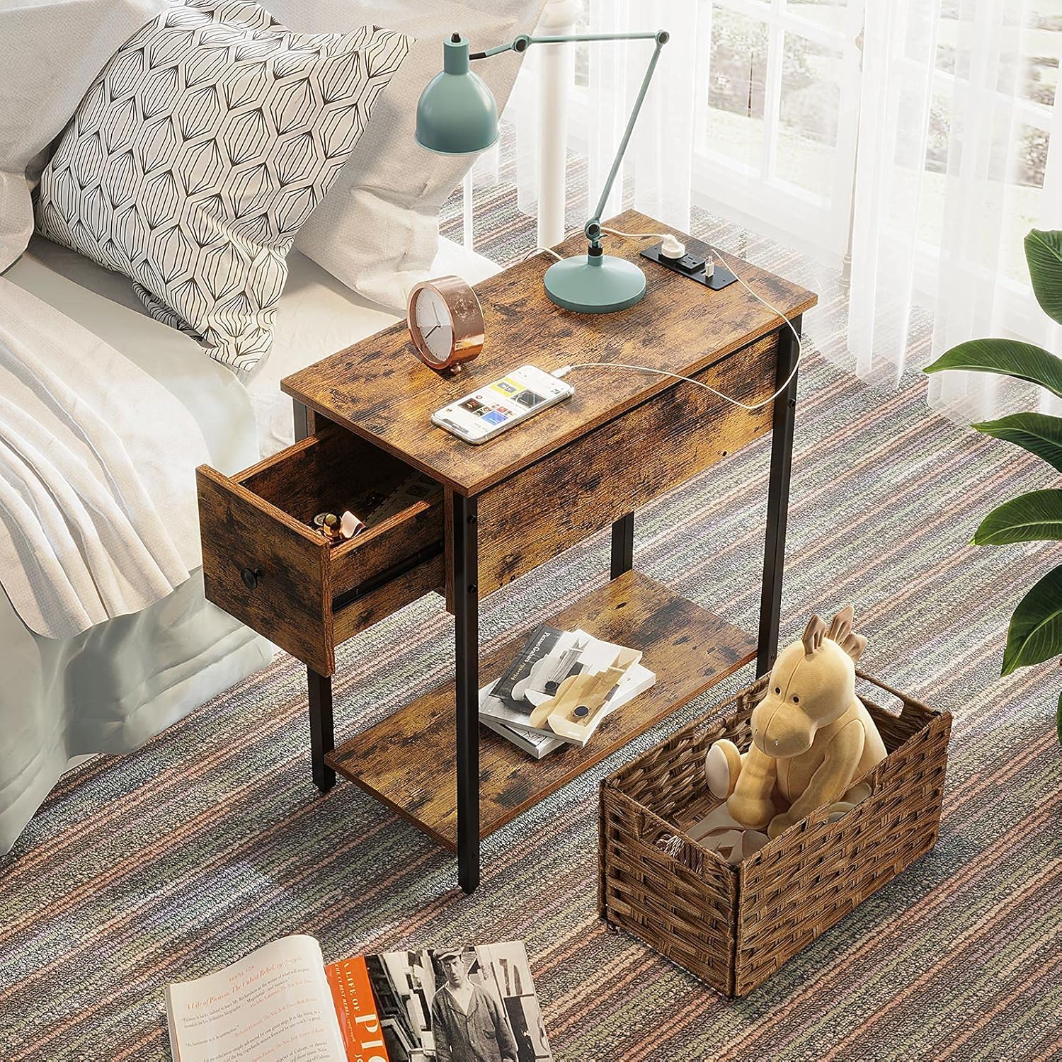 Rolanstar End Table with Charging Station & Rattan Basket, Narrow End Table with Drawer and USB Ports for Living Room, Nightstand Sofa Table for Bedroom Rustic Brown : Home & Kitchen