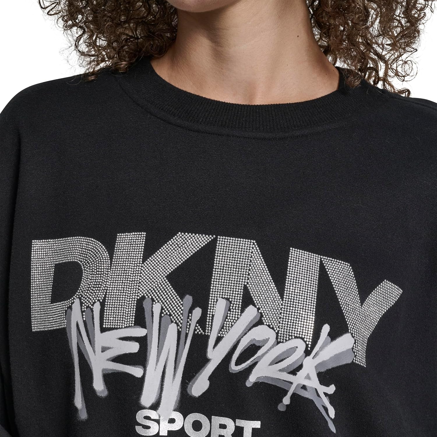 DKNY womens Blouson Sleeve Drop Shoulder Rhinestone Logo Graffiti Pullover Sweatshirt - Image 5