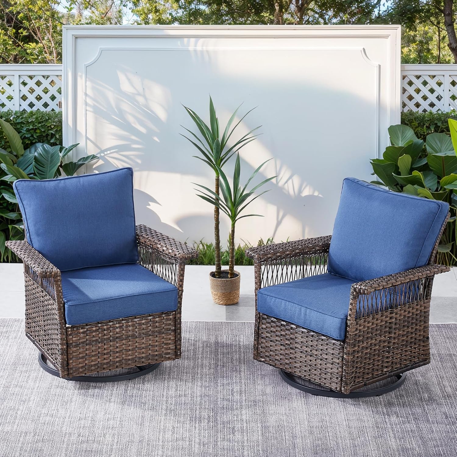 Patio Swivel Chairs Wicker Chairs PE Rattan Gliders with High Back Deep Seating Chairs Set of 2 for Garden Sunroom Deck Porch Balcony Backyard, Swivel Chair(2PCS), Brown|Blue