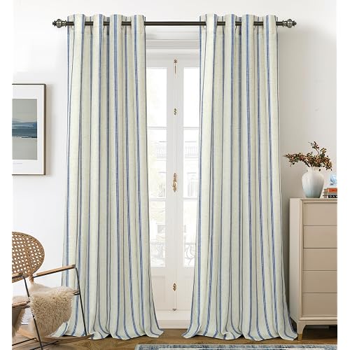 DriftAway Farmhouse Linen Blend Blackout Curtains 120 Inches Long for Bedroom Vertical Striped Printed Linen Curtains Thermal Insulated Lined Treatments for Living Room 2 Panels W52 x L120 Navy