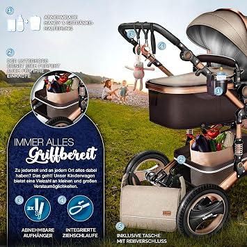 kiduku ® 3-in-1 xxl complete pram set incl. Baby carrycot buggy sports seat & car seat footmuff solid rubber tires changing bag hand warmer rain cover children's tray ece r129
