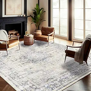 Washable Area Rug 10'x14' Floral Blue Boho Design Non-Shedding Easy Care Ideal for High Traffic Areas in Living Room Bedroom Office Coffee Table Kitchen Large Carpet