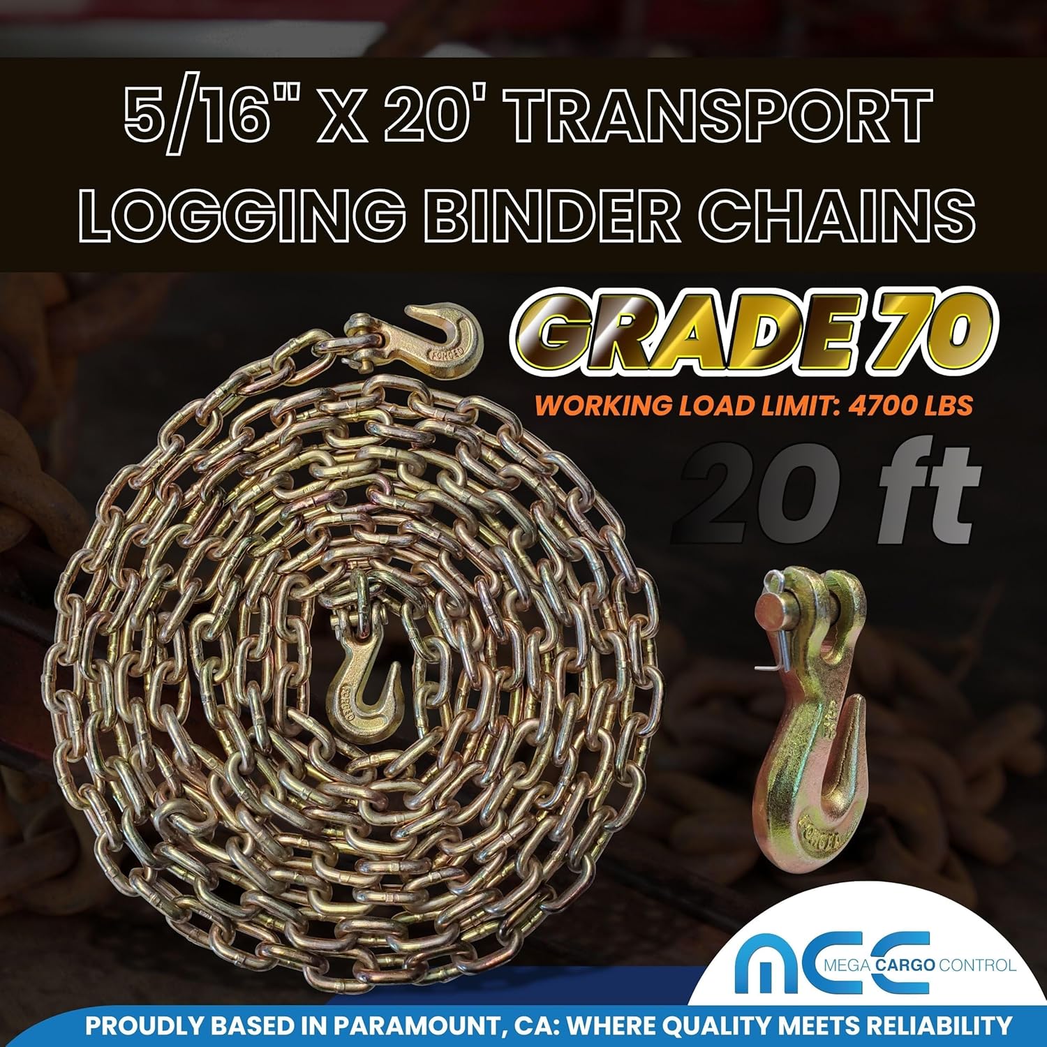 Mega Cargo Control 5/16" x 20' Grade 70 Transport Logging Binder Chains - 4,700 Lbs Working Load Limit Heavy Duty Anchors (2 Pack)