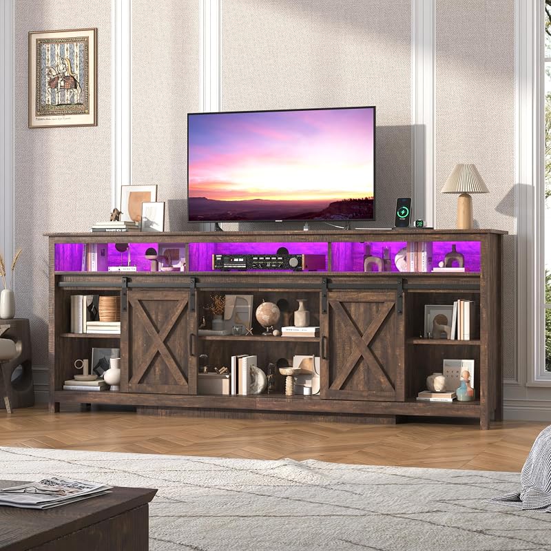 jiteentarou Farmhouse TV Stand for 90/85 Inch TV with Power Outlet, LED Entertainment Center with Storage and Sliding Barn Doors, Wood Media Console for Living Room, Brown