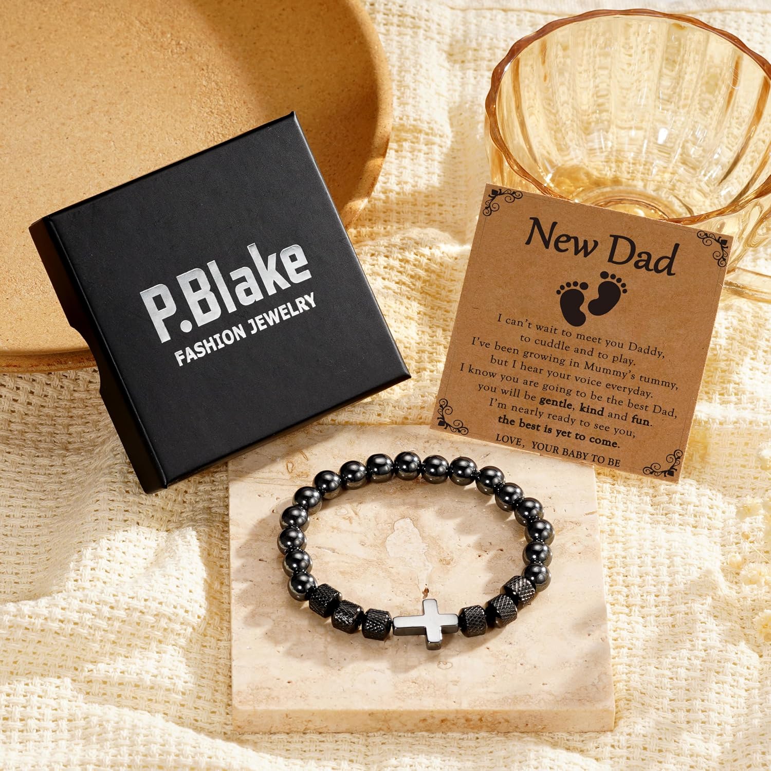 P. BLAKE Gift for Dad New Dad Husband Grandpa Son, Obsidian Cross Bracelet Christian Religious Birthday Jewelry Gifts
