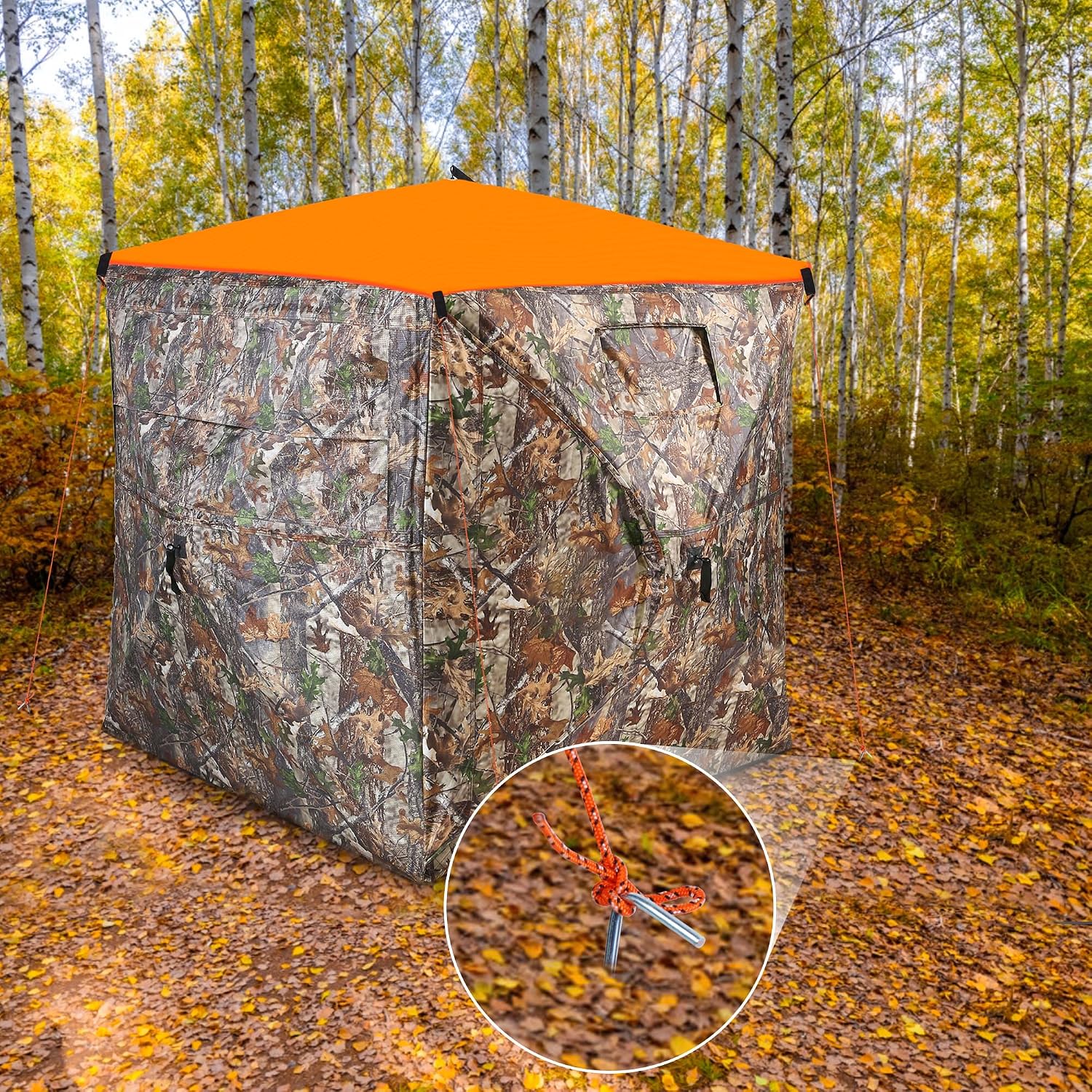 Blaze Orange Hunting Blind Cap, Hunting Blind Safety Cap Cover, 58×58 Inch | Orange Ground Blind Cover Panels for Hub 4 Sides Hunting Ground Blinds with Windproof Ropes Stakes and Magnet Buttons