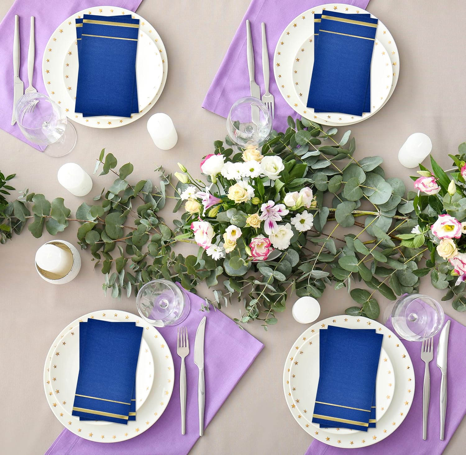 Gift Boutique 100 Gold Trim Lined Blue Guest Napkins Disposable Paper Pack Elegant Dinner Hand Napkin for Bathroom Wedding Holiday Graduation Bridal Baby Shower Metallic Golden Foil Decorative Towel