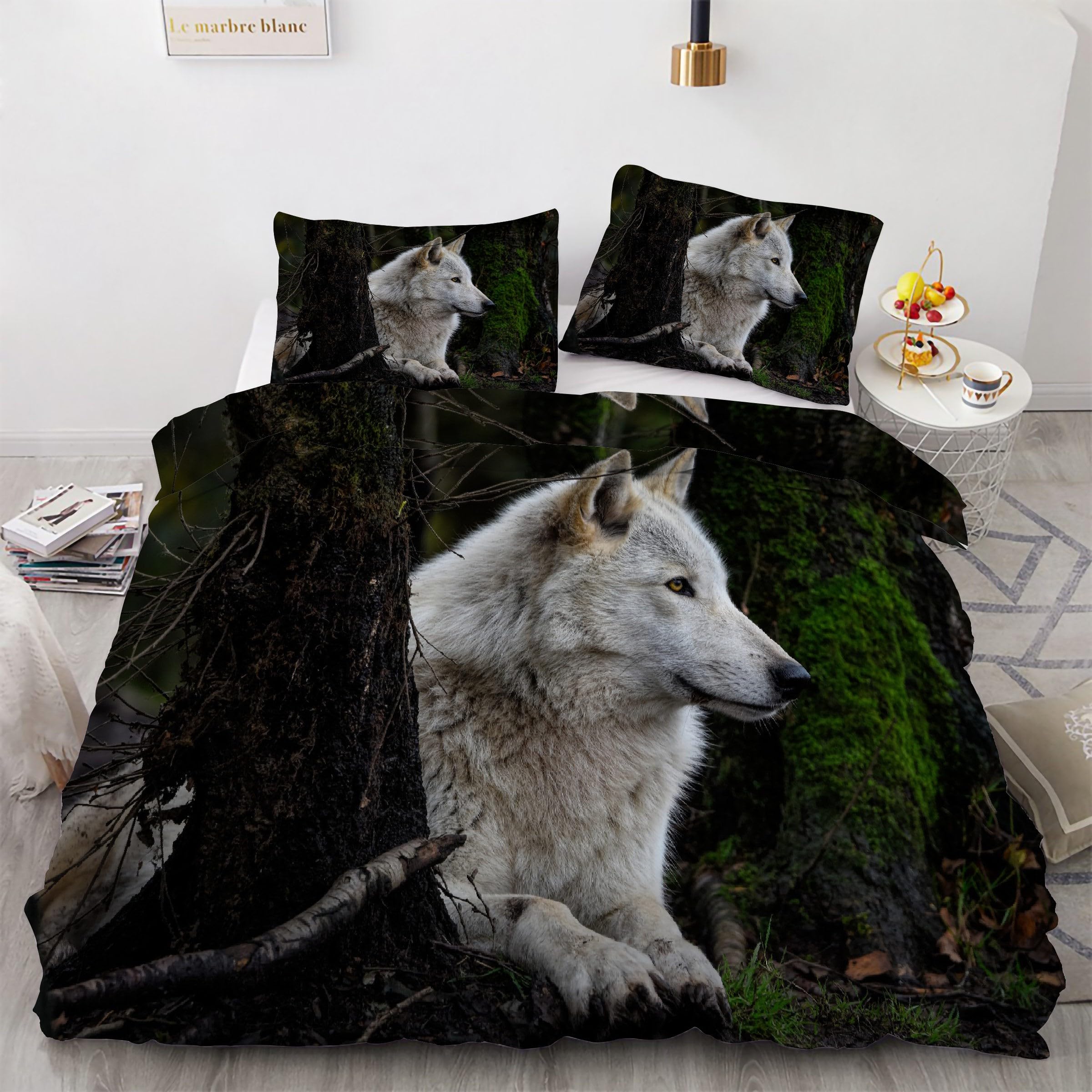 Housse de couette loup 90x190 cm avec 2 taies d'oreiller en microfibre douce