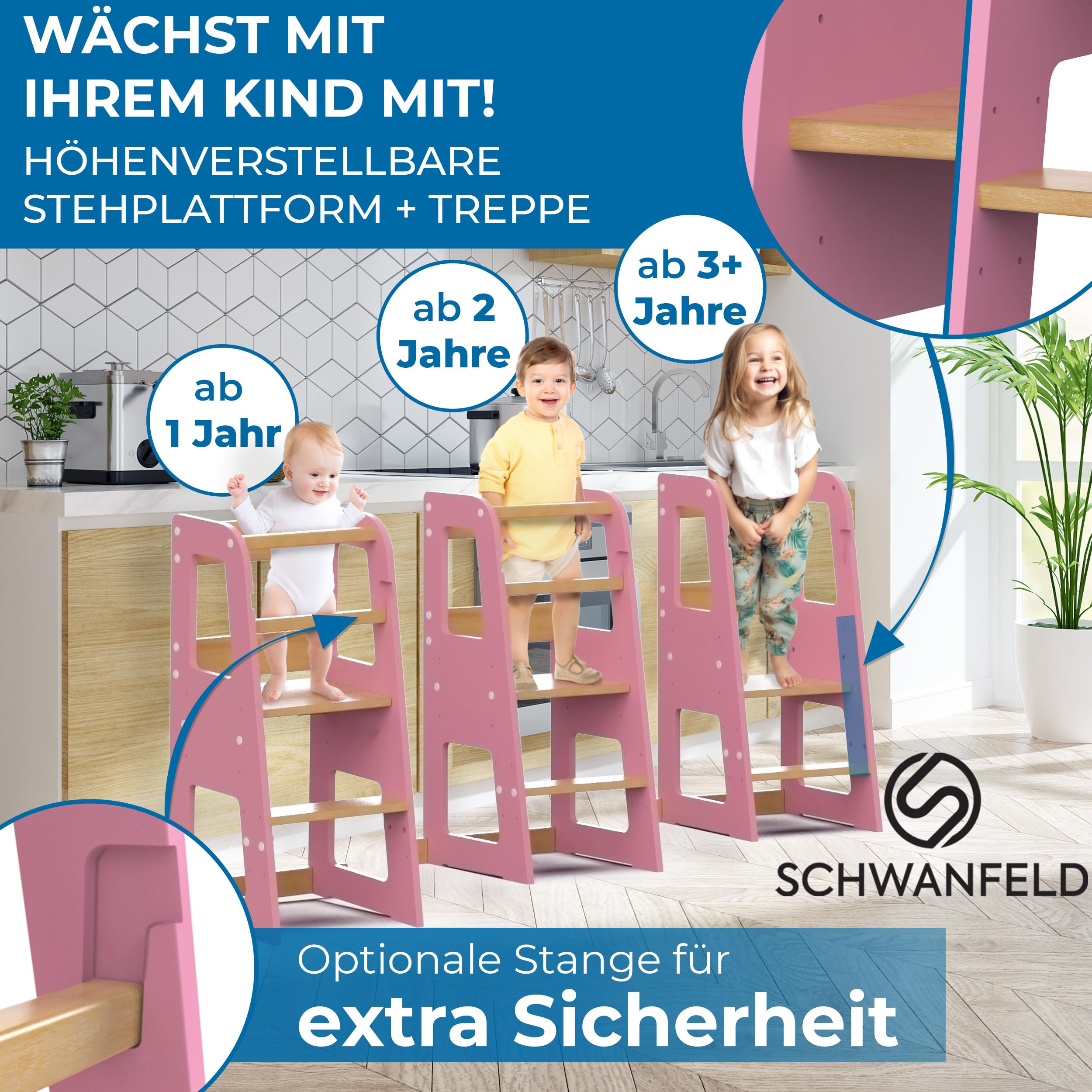 SCHWANFELD Torre de aprendizaje a partir de 1 año (protección antivuelco)- Incluye accesorios de montaje - Torre de aprendizaje Montessori de madera maciza FSC irrompible (hasta 50 kg de carga)