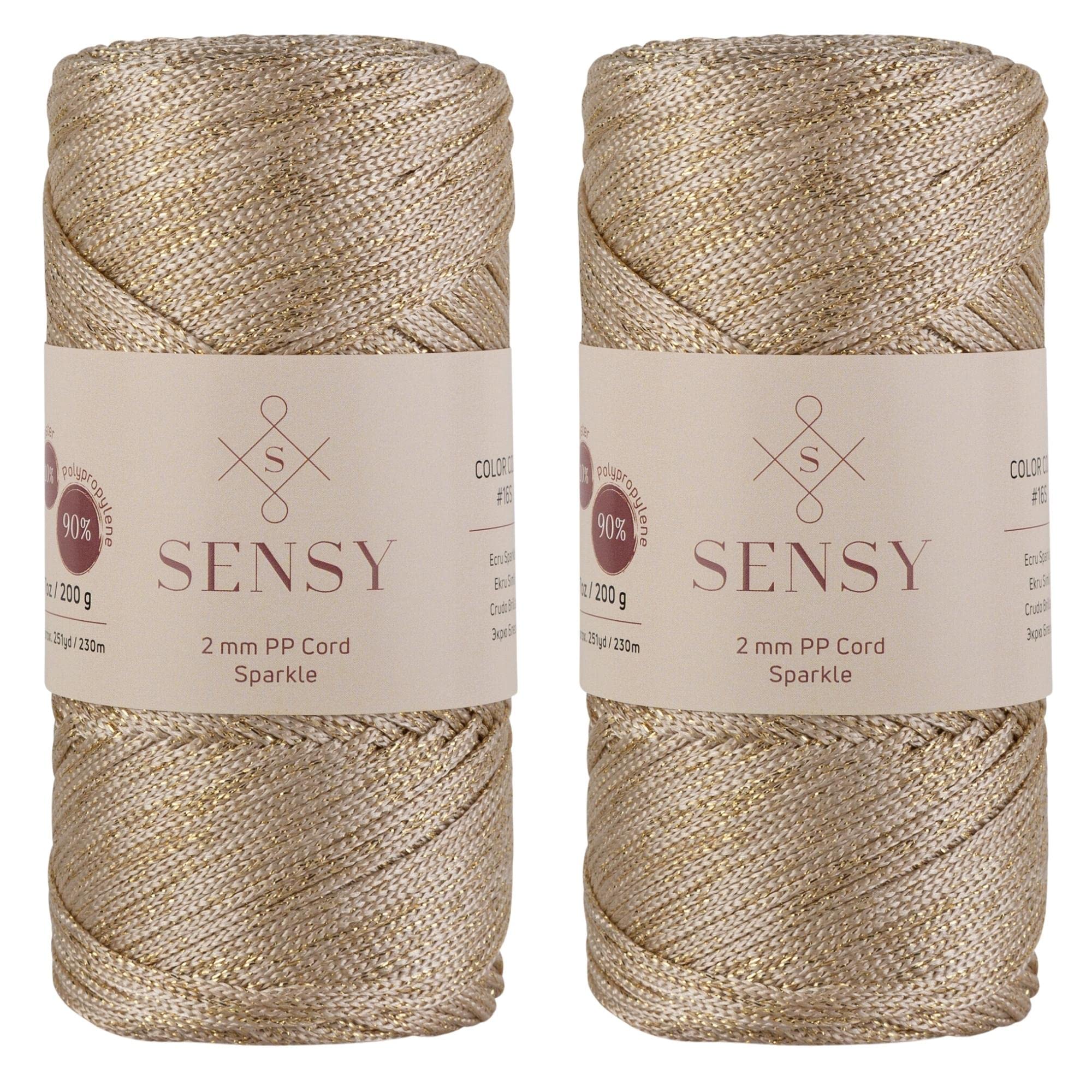 2 Pack of Sensy Premium 2mm 251 Yards Sparkle Polyester Rope 90% Polypropylene 10% Polyester Cord Macrame Cord 2mm Crochet Bag Cord Macrame Rope Crochet Thread Gift for Knitter (Ecru Sparkle)
