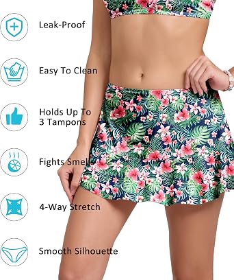 Beautikini Period Swimwear Menstrual Ruffle Swimsuit Skirt Leakproof Mid Waist Bathing Suit Bottoms for Teen Girls Women