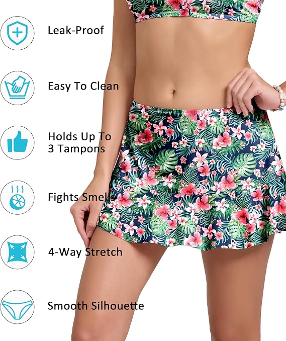Beautikini Period Swimwear Menstrual Ruffle Swimsuit Skirt Leakproof Mid Waist Bathing Suit Bottoms for Teen Girls Women