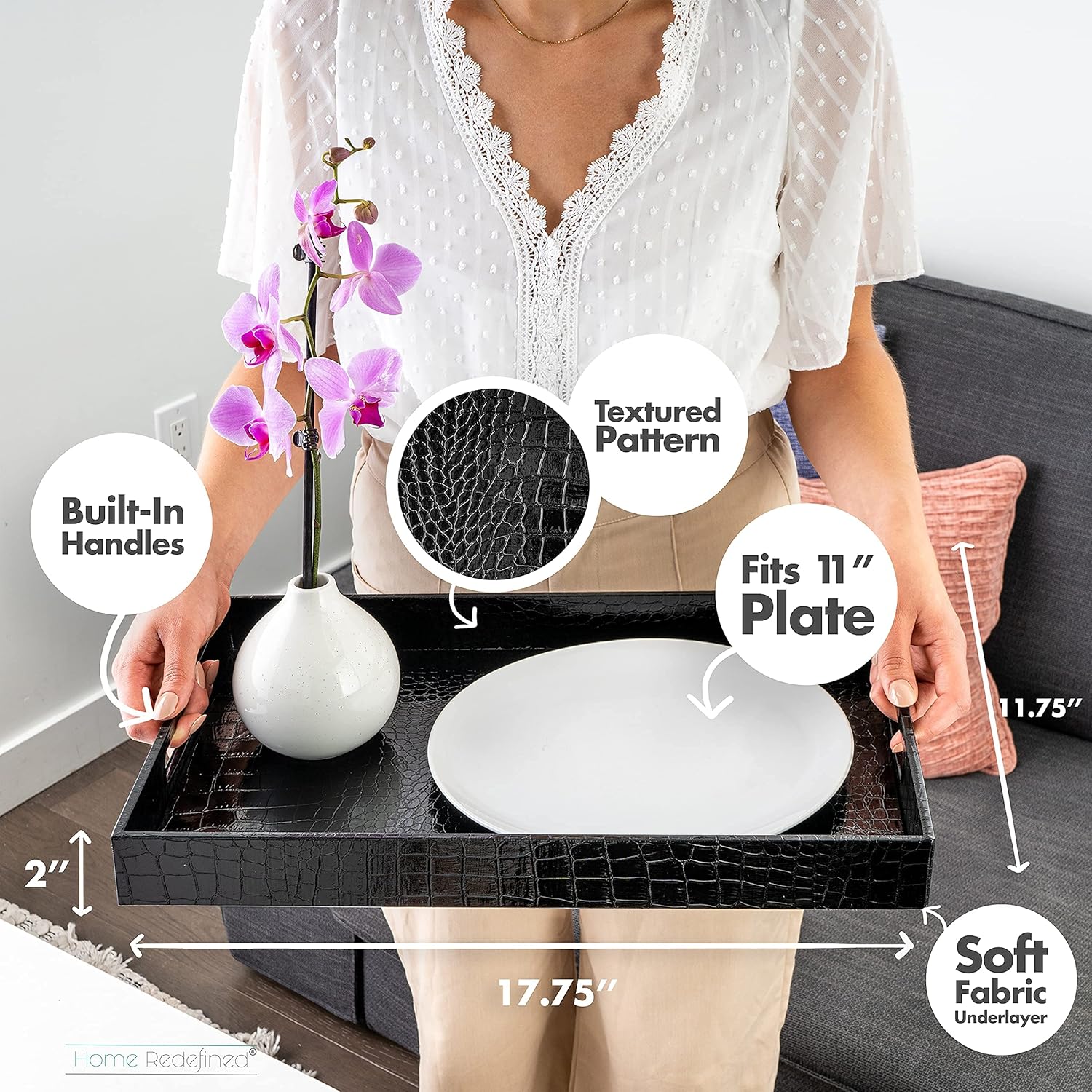 Flаѕh Dеаlѕ - 50% оƒƒ Home Redefined 18”x12” Rectangle Alligator Faux Leather Decorative Serving Tray with Handles, Black