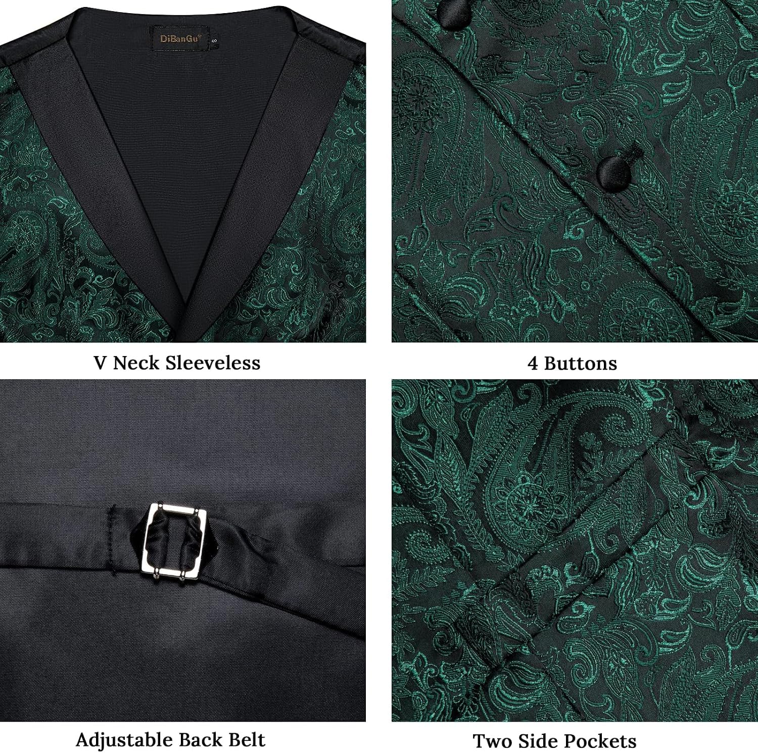 DiBanGu Mens Paisley Suit Vest Silk Jacquard Waistcoat and Necktie Set Formal Shawl Collar Dress Vest 7PCS for Wedding Party