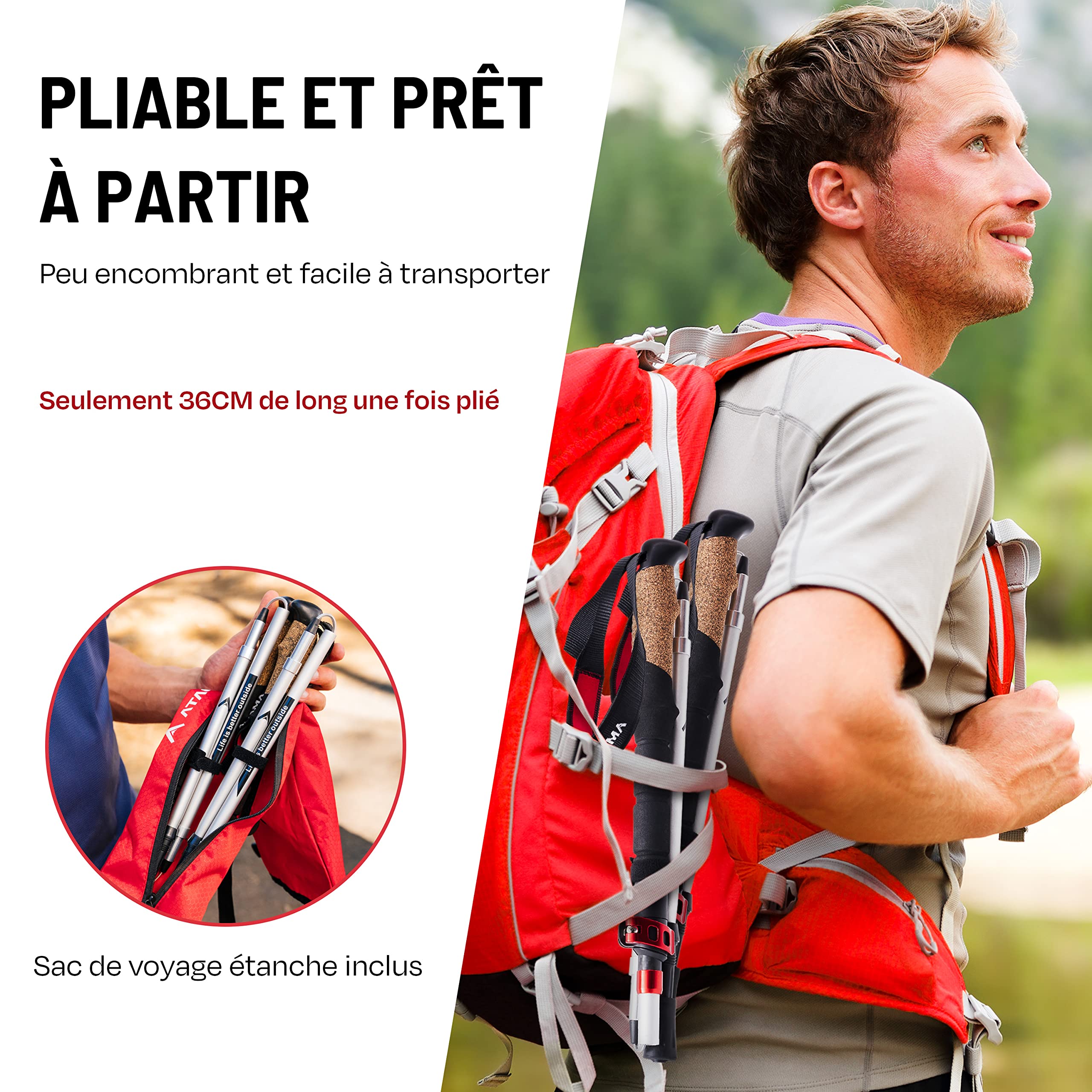 ATACAMA Bâtons de Randonnée Nordique – ultralégers, Pliables & télescopiques – Fibre de Carbone, poignées en liège – bâtons de Marche pour Homme & Femme (63–135 cm)