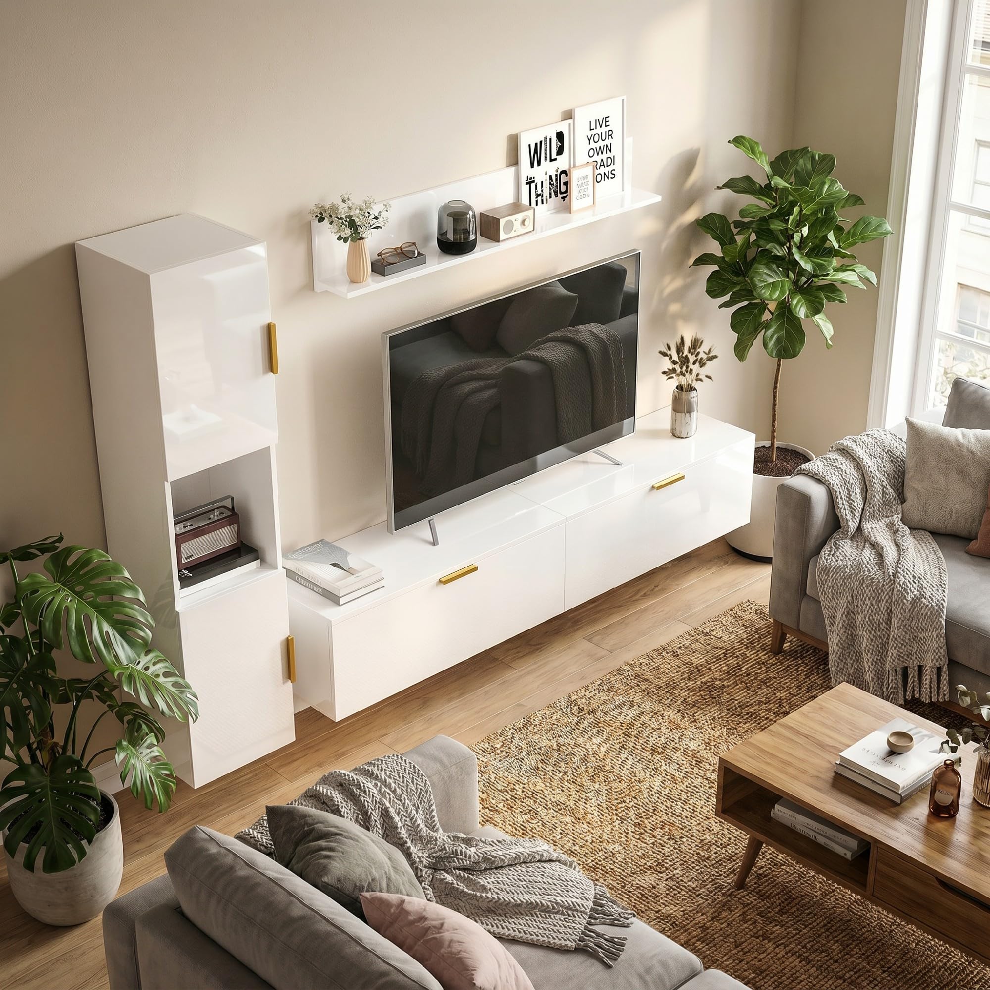 HOMCOM Wohnwand Wohnzimmer 3-teiliges TV Set mit Wandregal und Aufbewahrungsschrank, Fernsehschrank Lowboard mit Klapptüren, passend für Fernseher bis 55", Hochglanzweiß