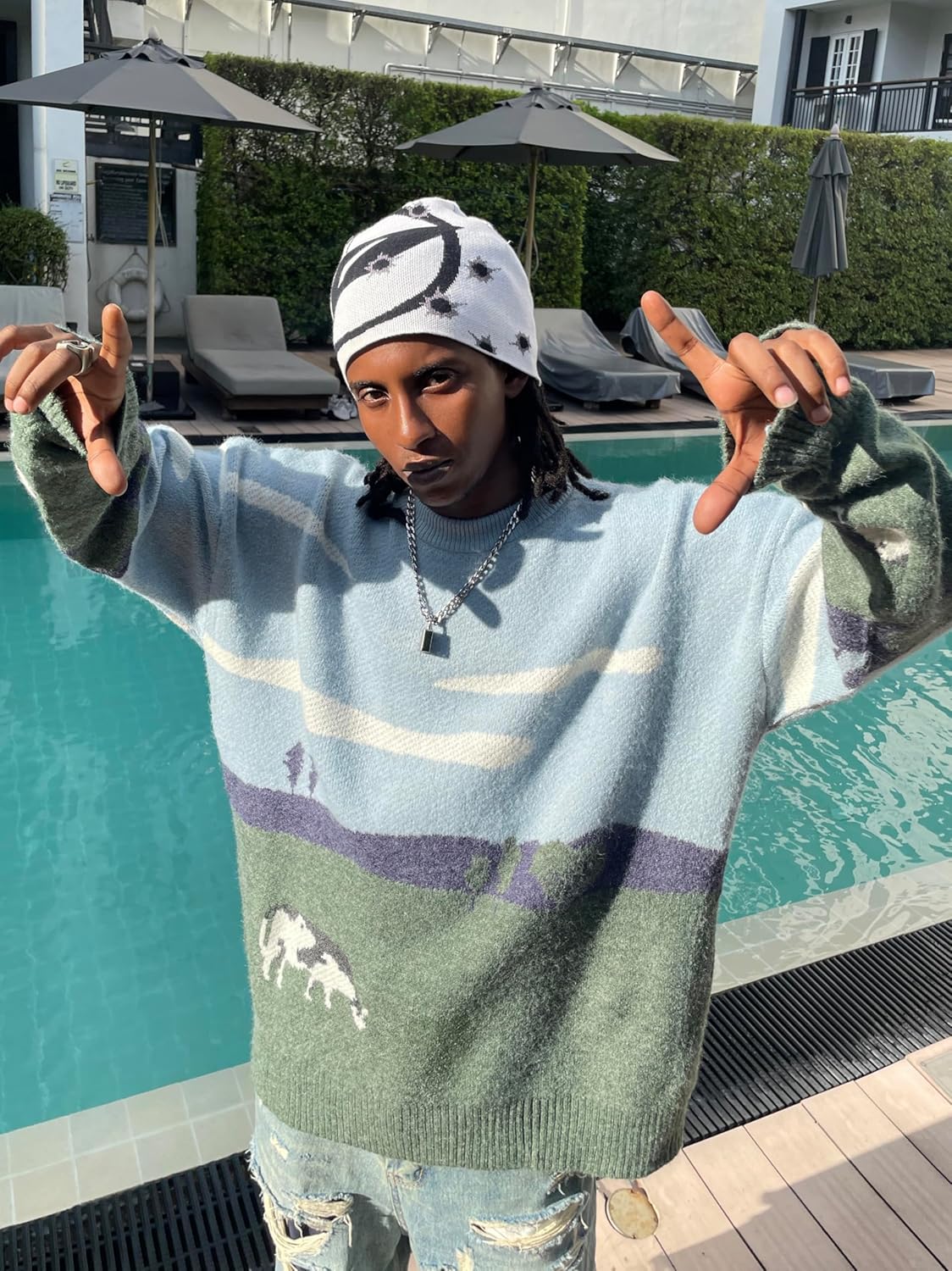 Yimoon Men Oversized Sweater Graphic Cable Knit Jumper Cute Unisex Crewneck Pullover - Image 3