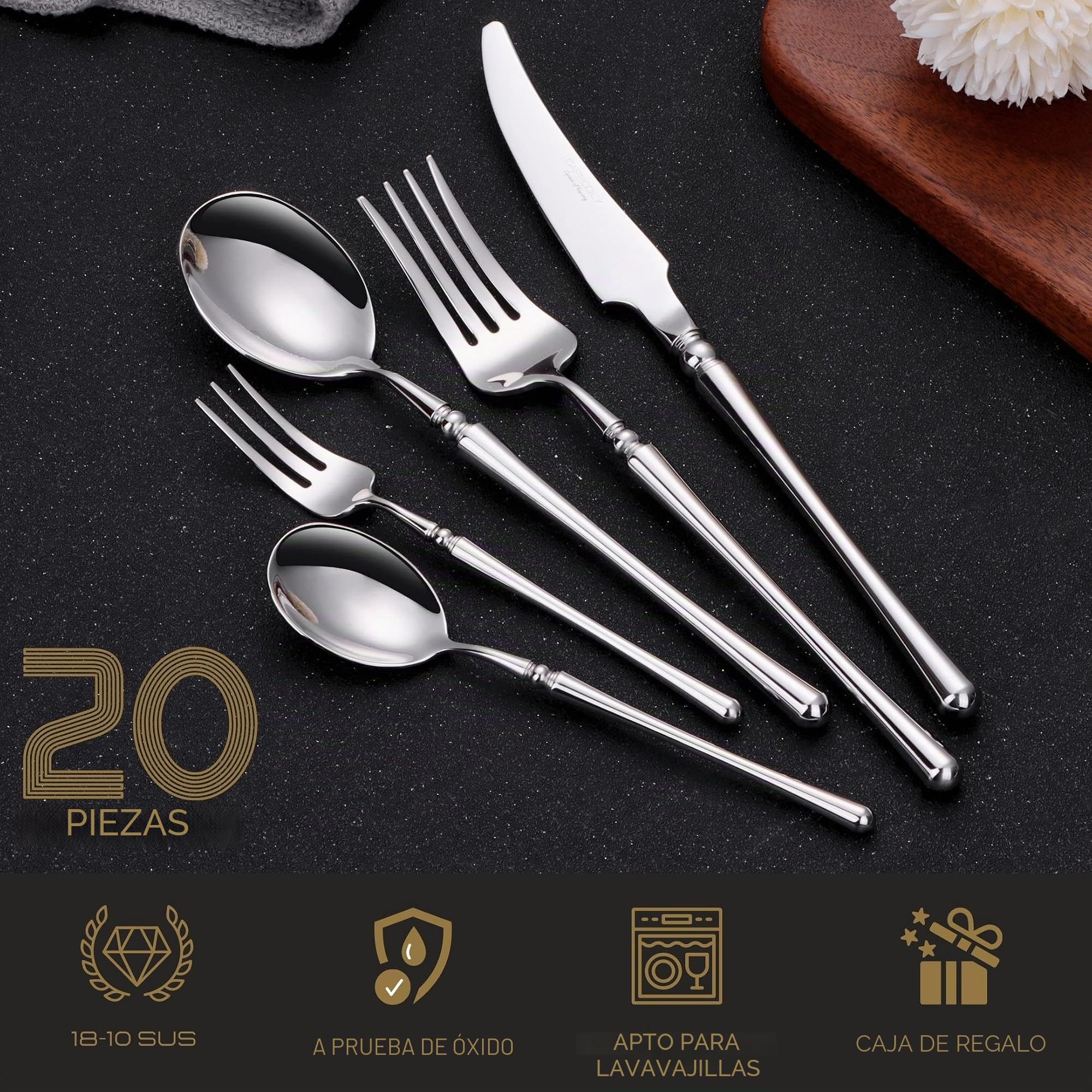 DAFFODILY® Juego De Cubiertos De Lujo - Cubiertos Acero Inoxidable, Cuberterias Completas, Cuchara, Tenedor, Cuchillo Chuletero, Servicio De Vajilla Martillado 18/10