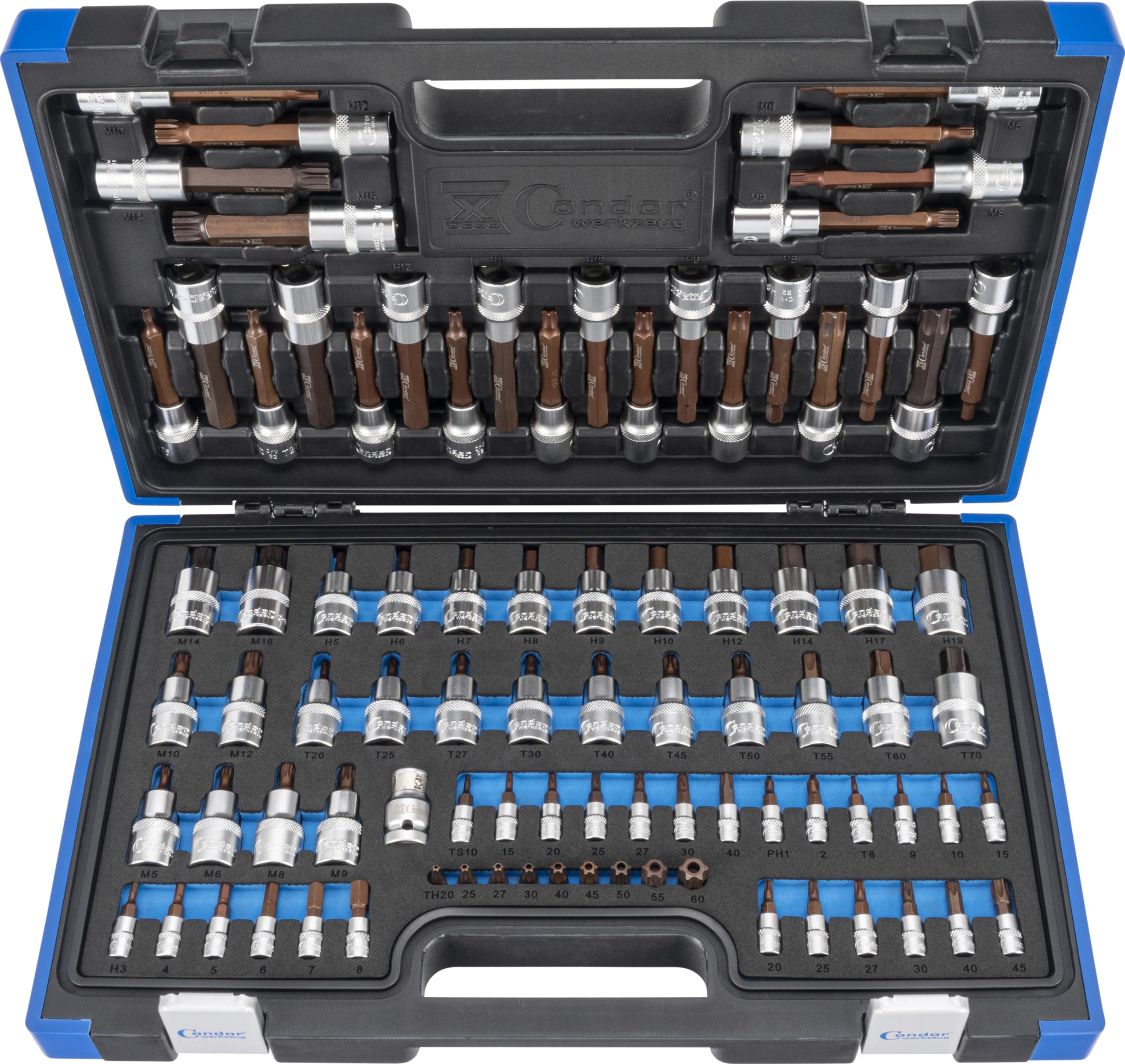 Condor Tool 37204 | bussole per punte | 89 pezzi | azionamento 1/4" + 1/2" | con valigetta | esagono incassato | profilo a T SLB per Torx | dente multidente | 5 stelle SLB | croce PH | xcess