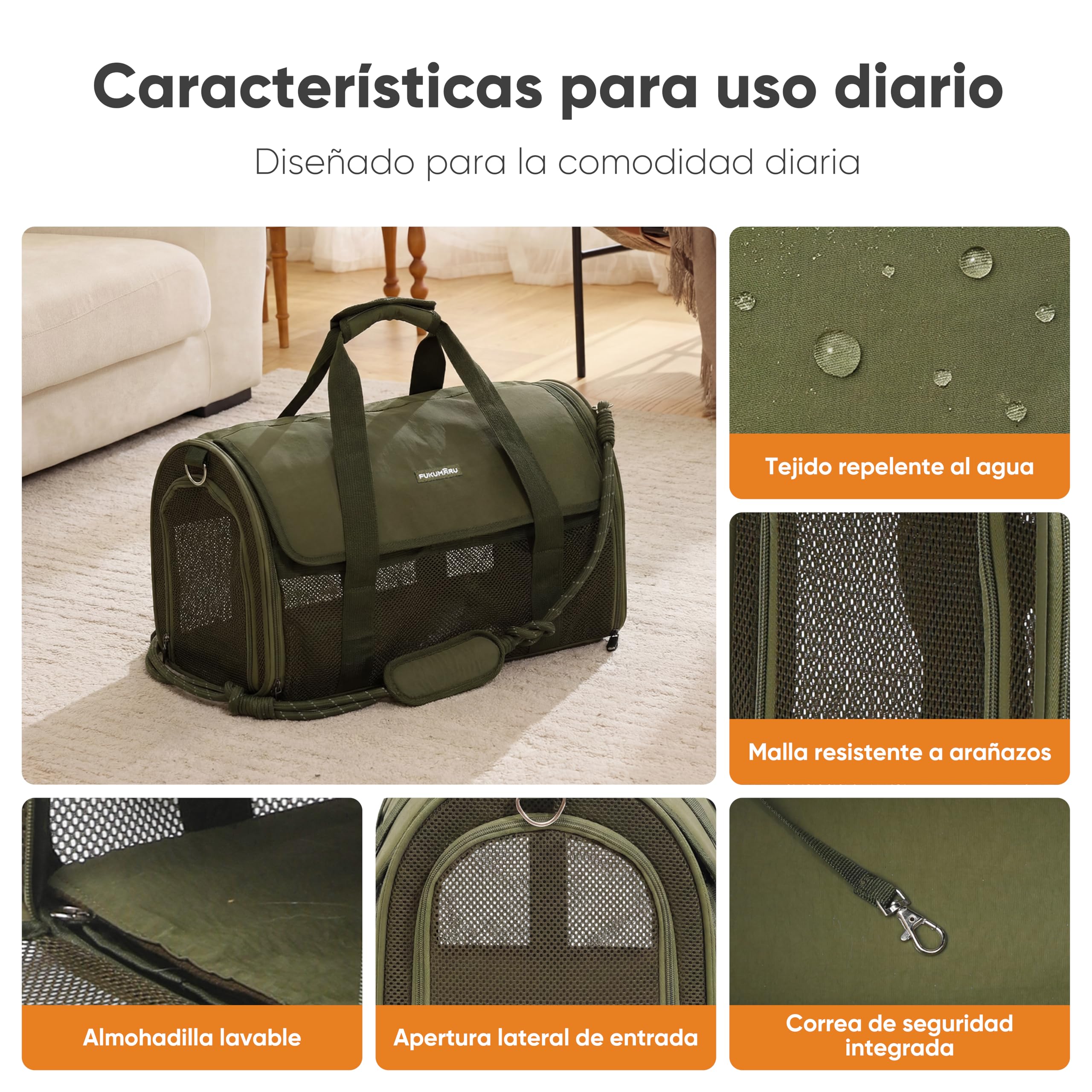 FUKUMARU transportín para Gatos y Perros, pequeño, Ligero y Transpirable, 46 x 28 x 28 cm, homologado para Viajar en Cabina, Plegable y Blando, con Malla antirrascado, Color Verde
