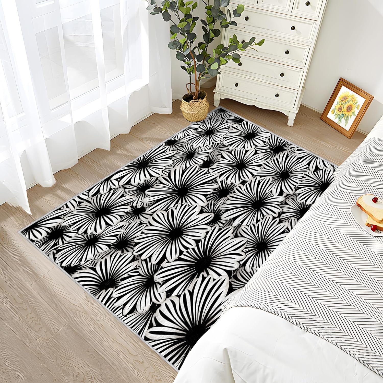 Abstract Floral Throw Rug 2x3 - Black and White Area Rugs for Entryway - Optical Illusion Indoor Door Mat - Washable Non Slip Soft - Flower Home Decor & Gifts