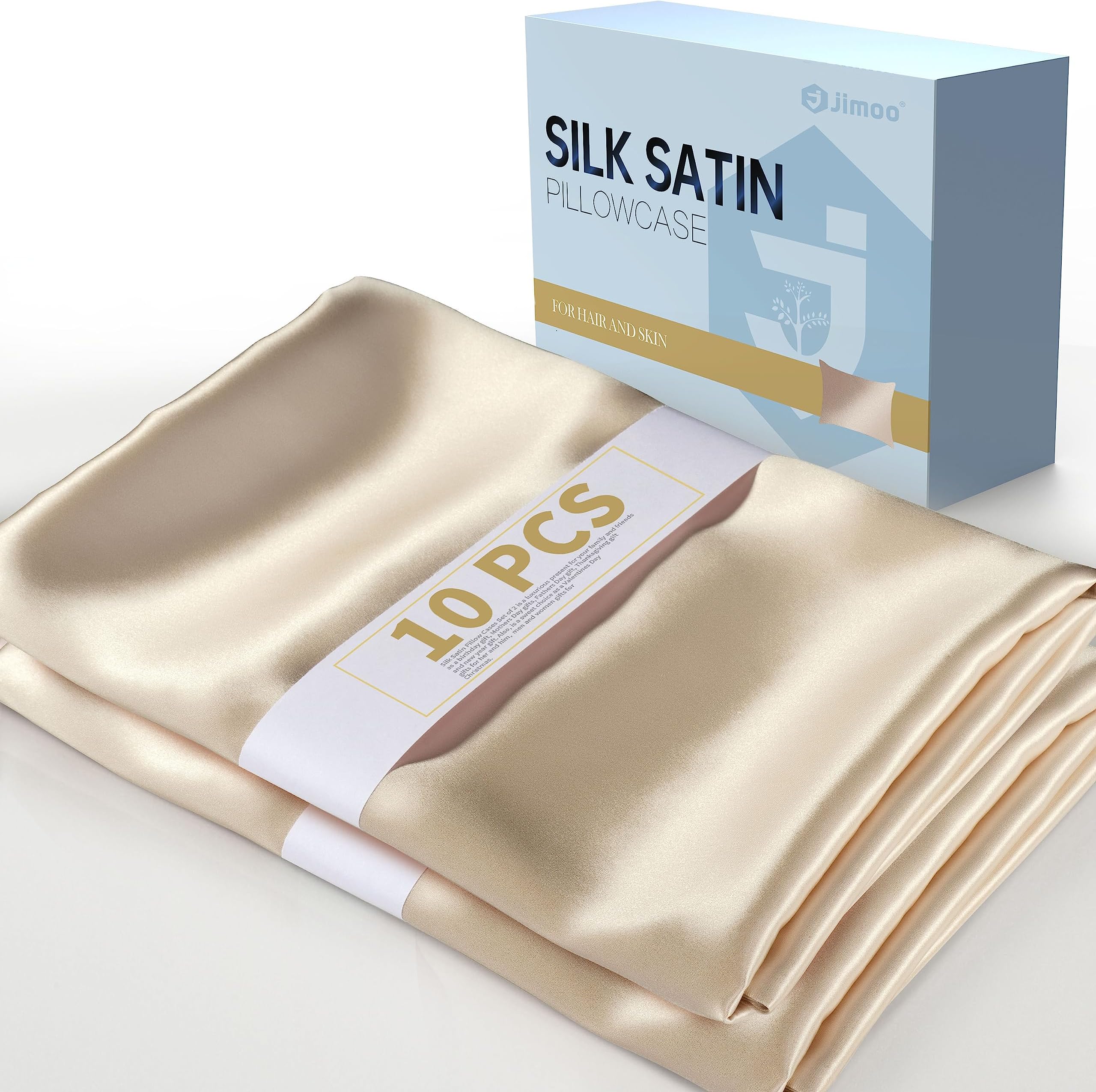 J JIMOOSilk Pillowcase for Hair and Skin,600 Thread Count Mulberry Silk Satin Pillow Cover (10 Pack Satin Pillowcases, Queen(20"x30"), Champagne)